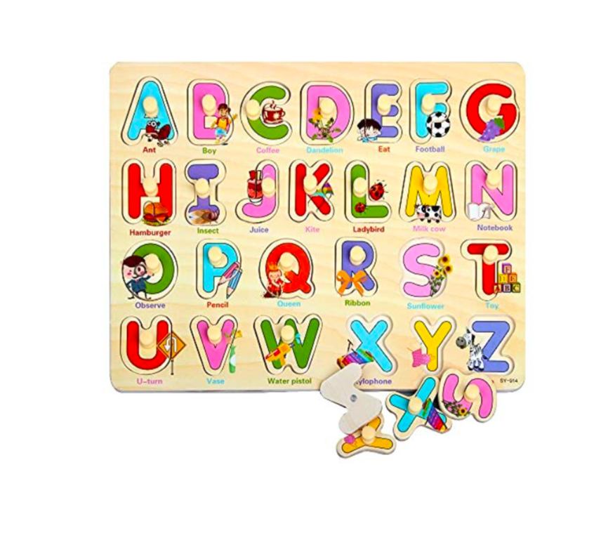 Wooden Alphabet Learning Puzzle Board – Educational ABC Peg Board Toy for Kids