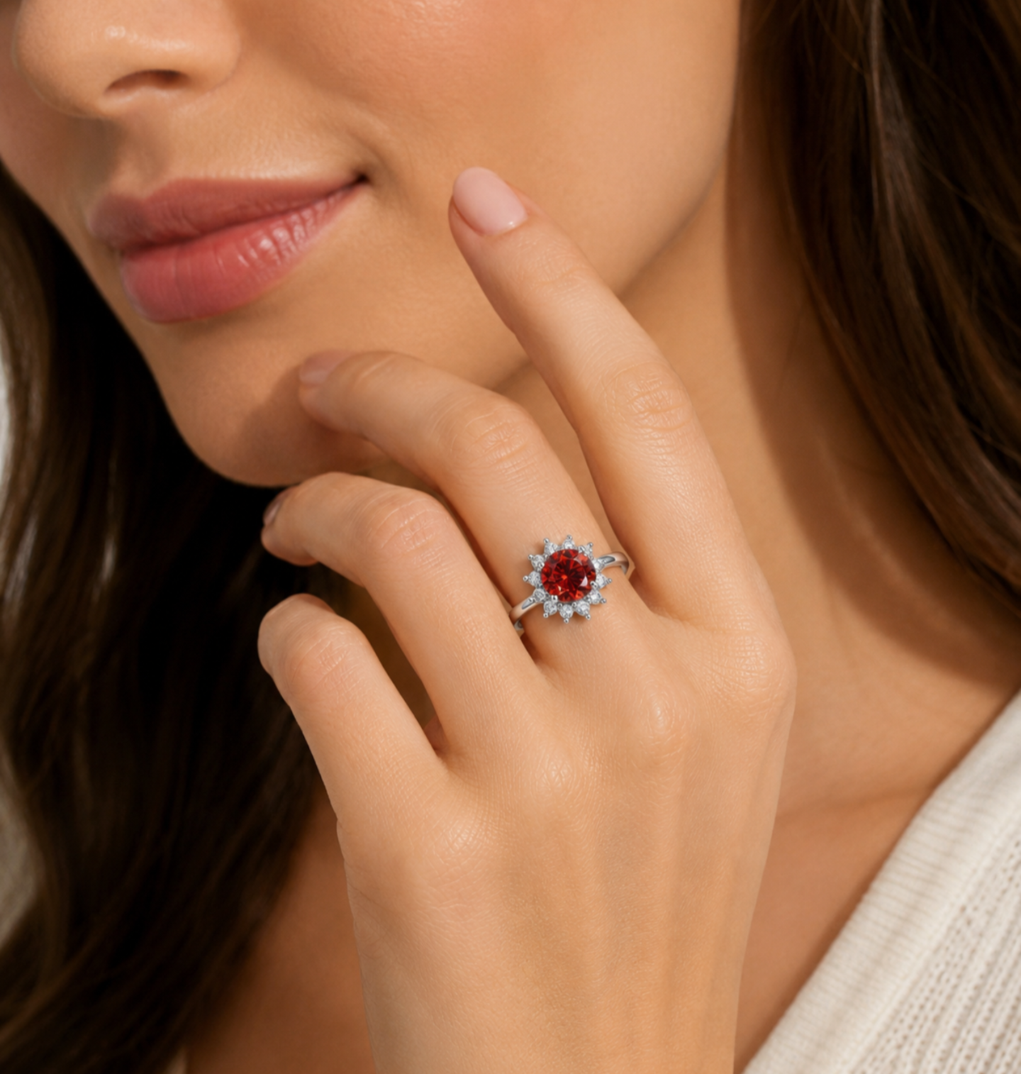 Ruby Bloom Moissanite Ring – Adjustable S925 Sterling Silver Sunflower Halo Engagement Ring