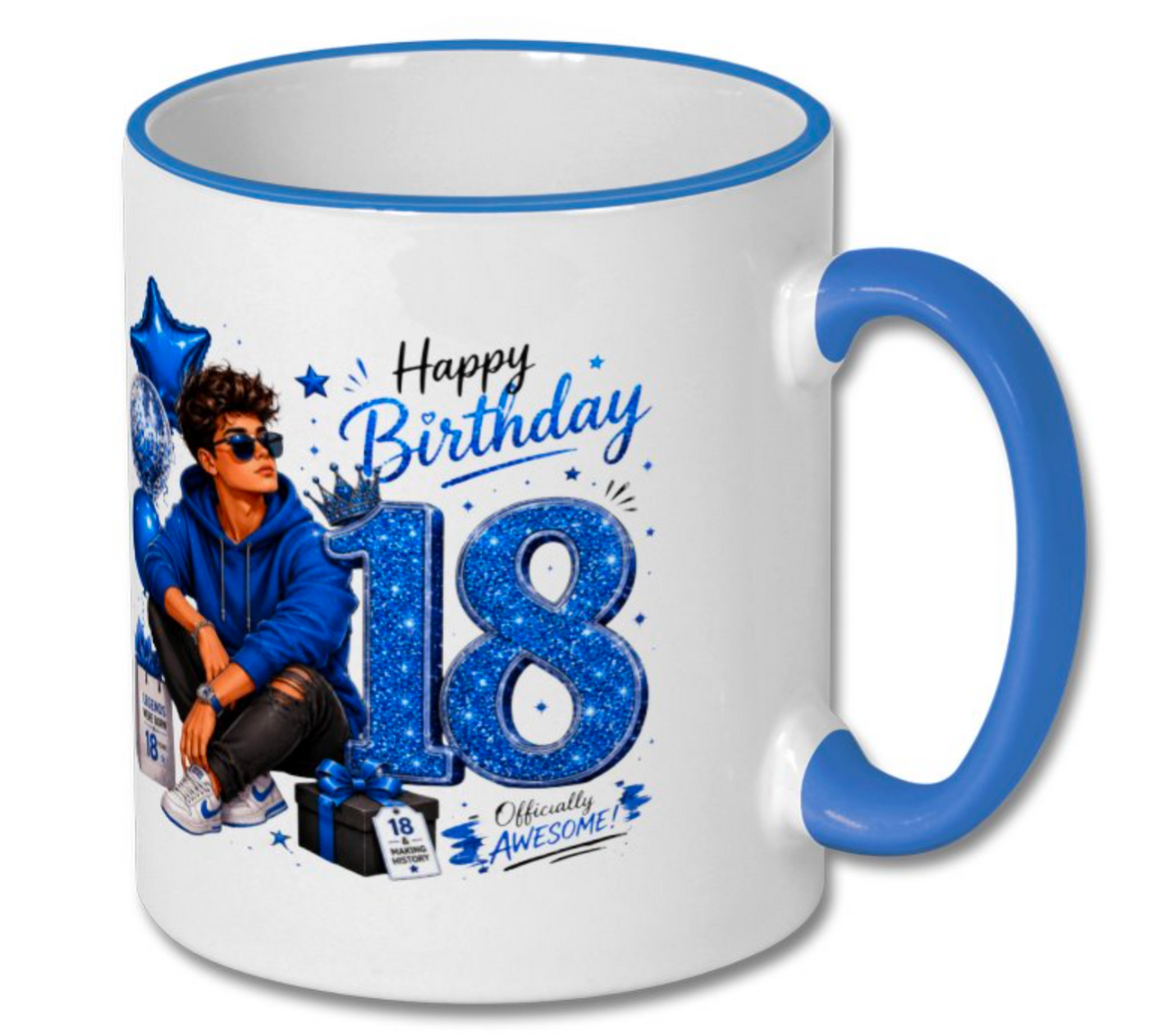 18th Birthday Blue Glitter Mug – Cool Cartoon Boy Birthday Coffee Mug Gift - Truly Yours