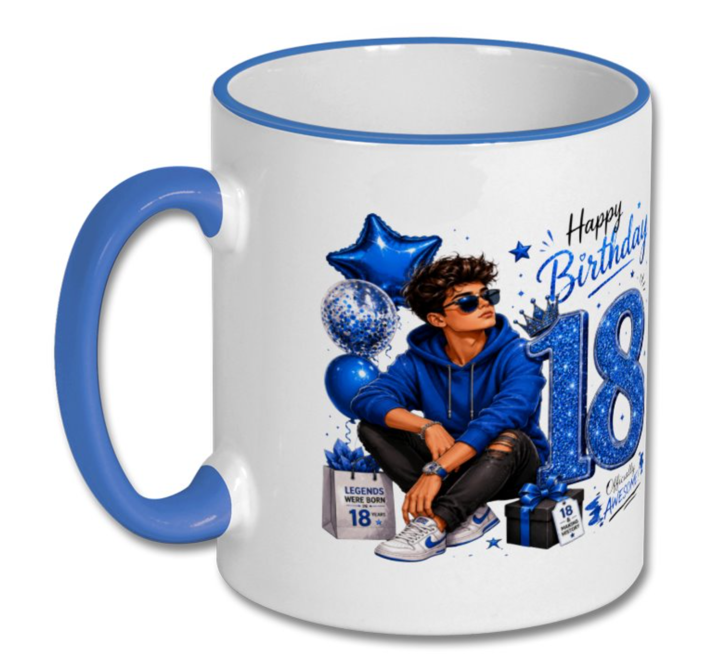 18th Birthday Blue Glitter Mug – Cool Cartoon Boy Birthday Coffee Mug Gift