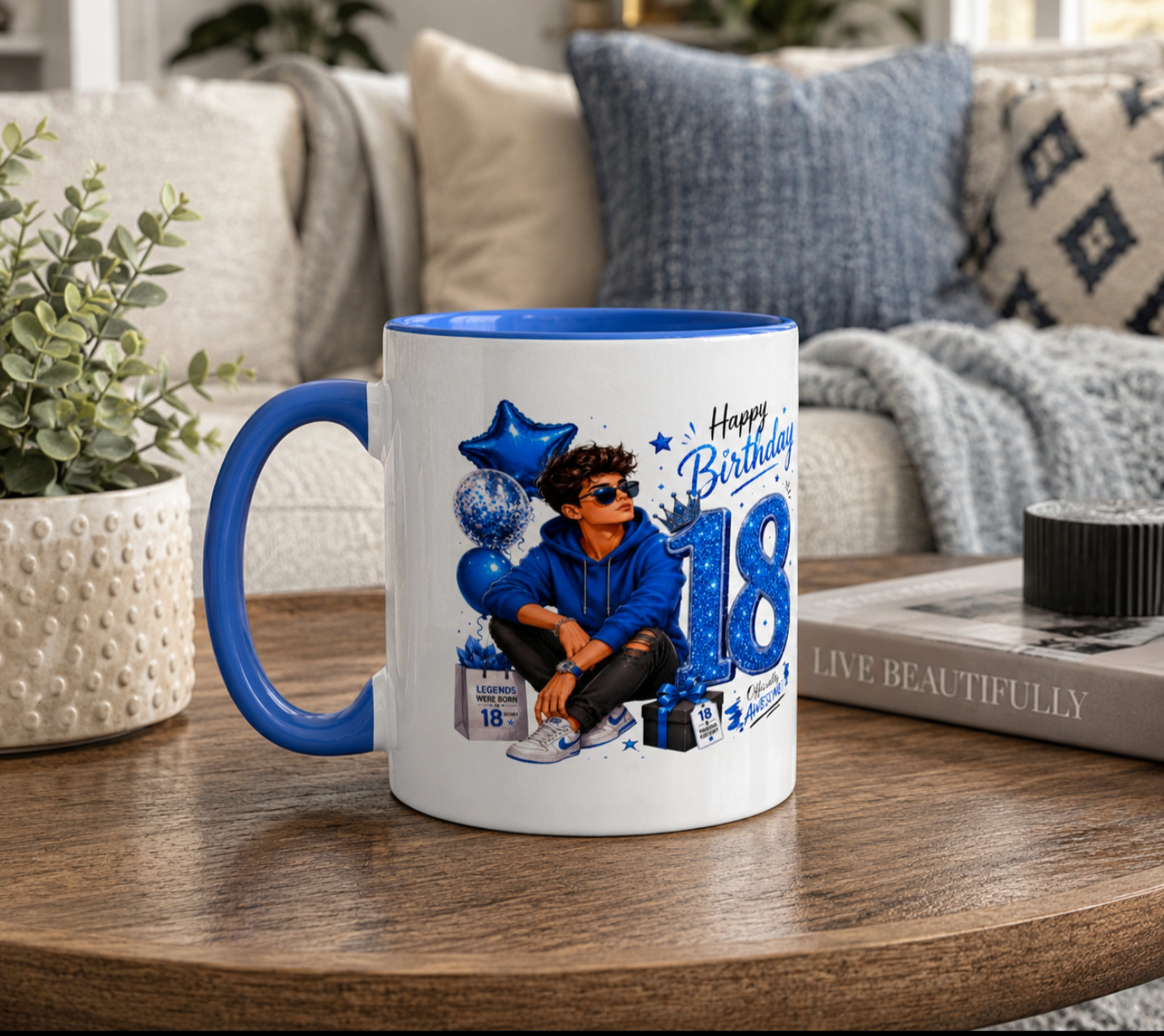 18th Birthday Blue Glitter Mug – Cool Cartoon Boy Birthday Coffee Mug Gift