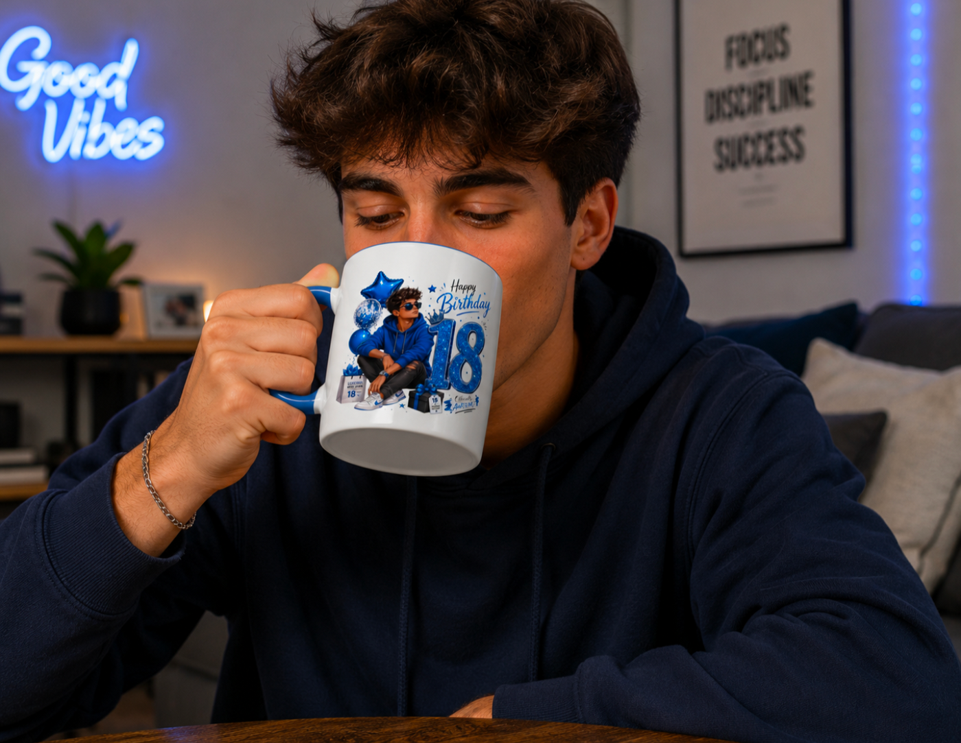 18th Birthday Blue Glitter Mug – Cool Cartoon Boy Birthday Coffee Mug Gift - Truly Yours
