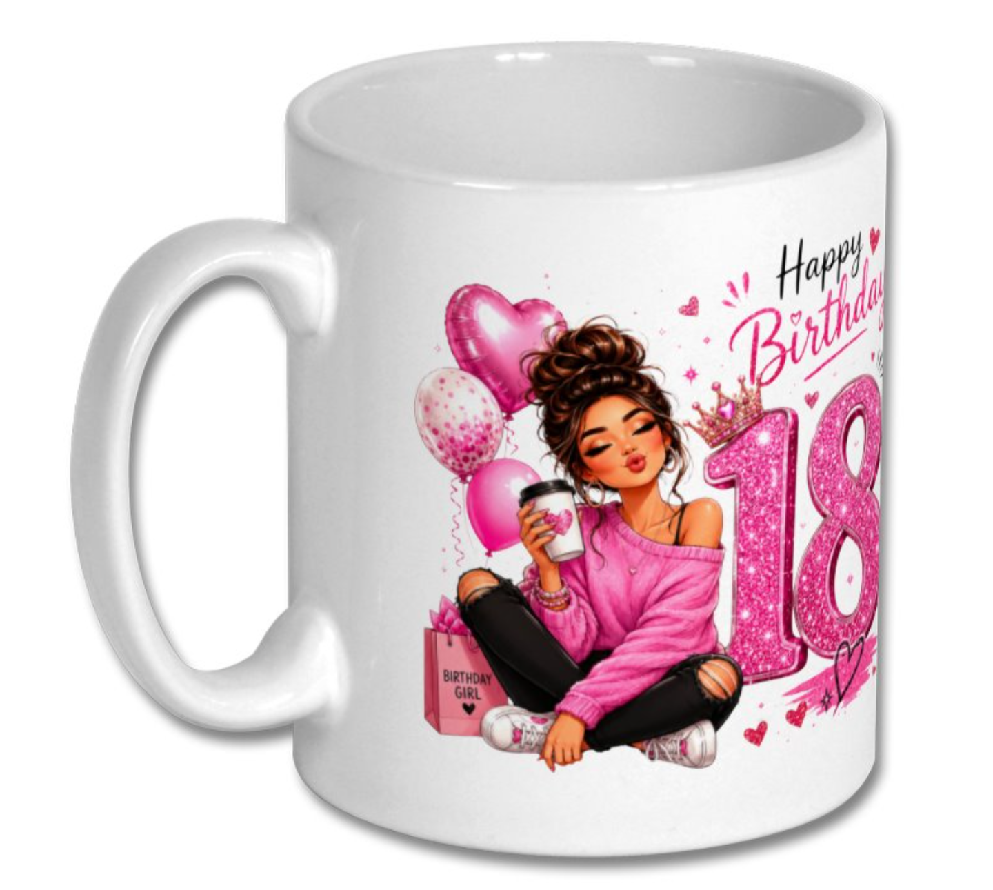 Happy 18th or 21st Birthday Glitter Pink Mug – Cute Girly Birthday Coffee Cup Gift for Her