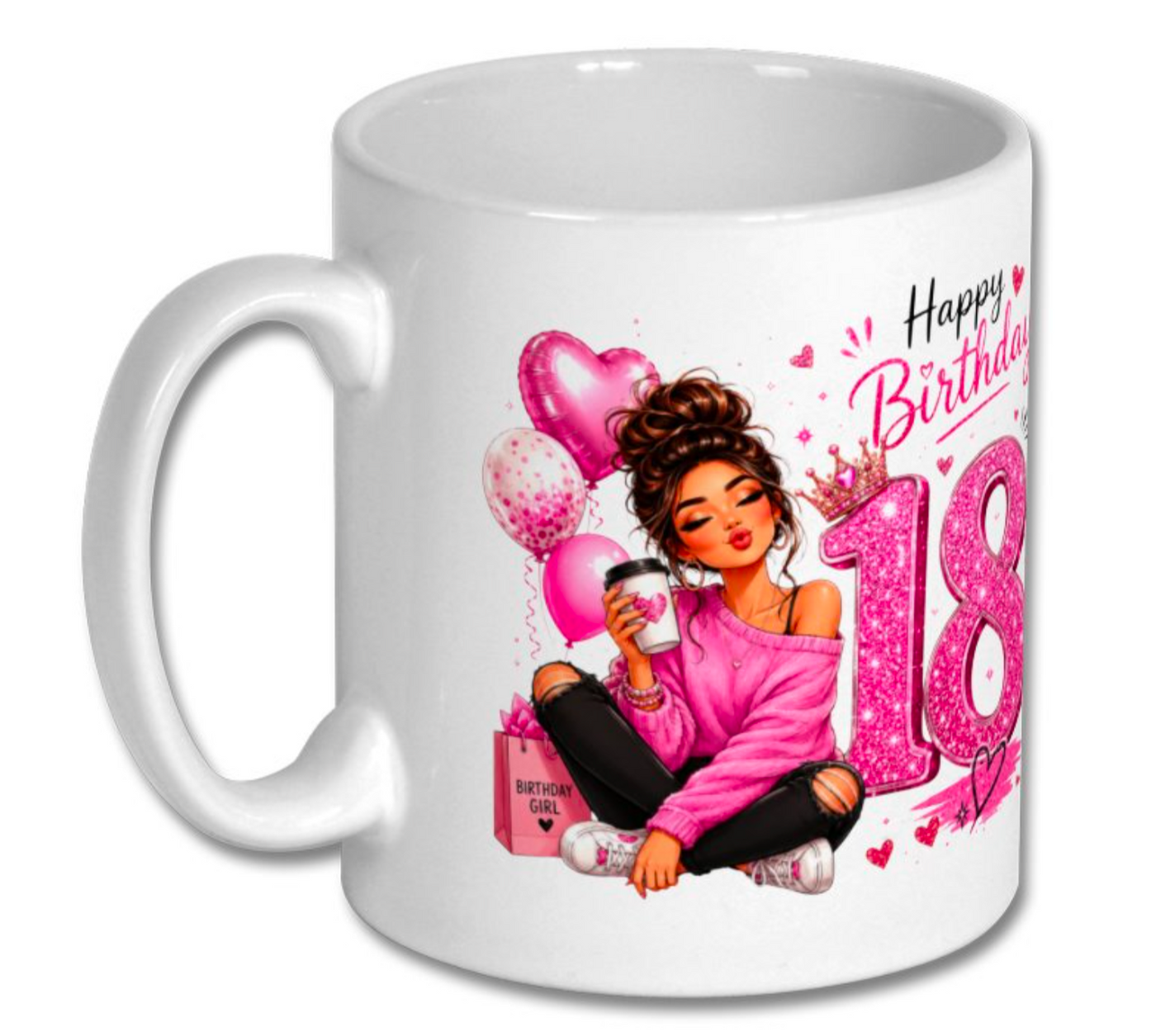 Happy 18th or 21st Birthday Glitter Pink Mug – Cute Girly Birthday Coffee Cup Gift for Her - Truly Yours