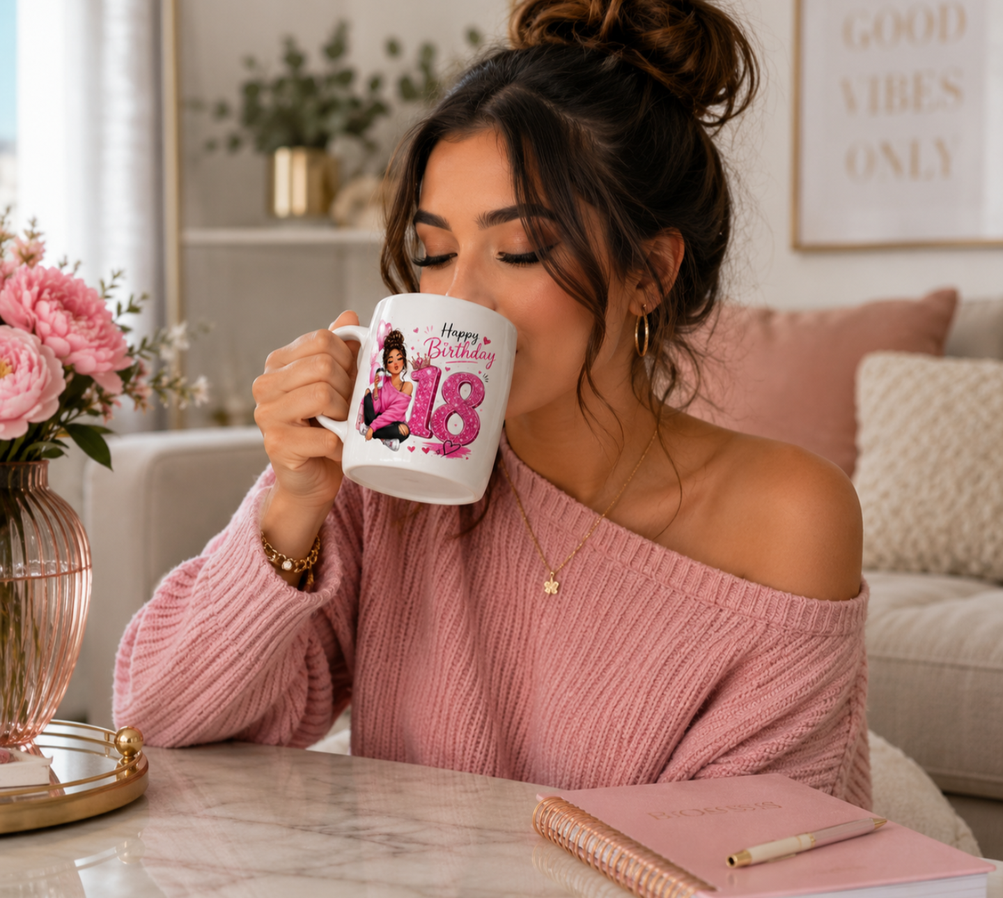 Happy 18th or 21st Birthday Glitter Pink Mug – Cute Girly Birthday Coffee Cup Gift for Her - Truly Yours
