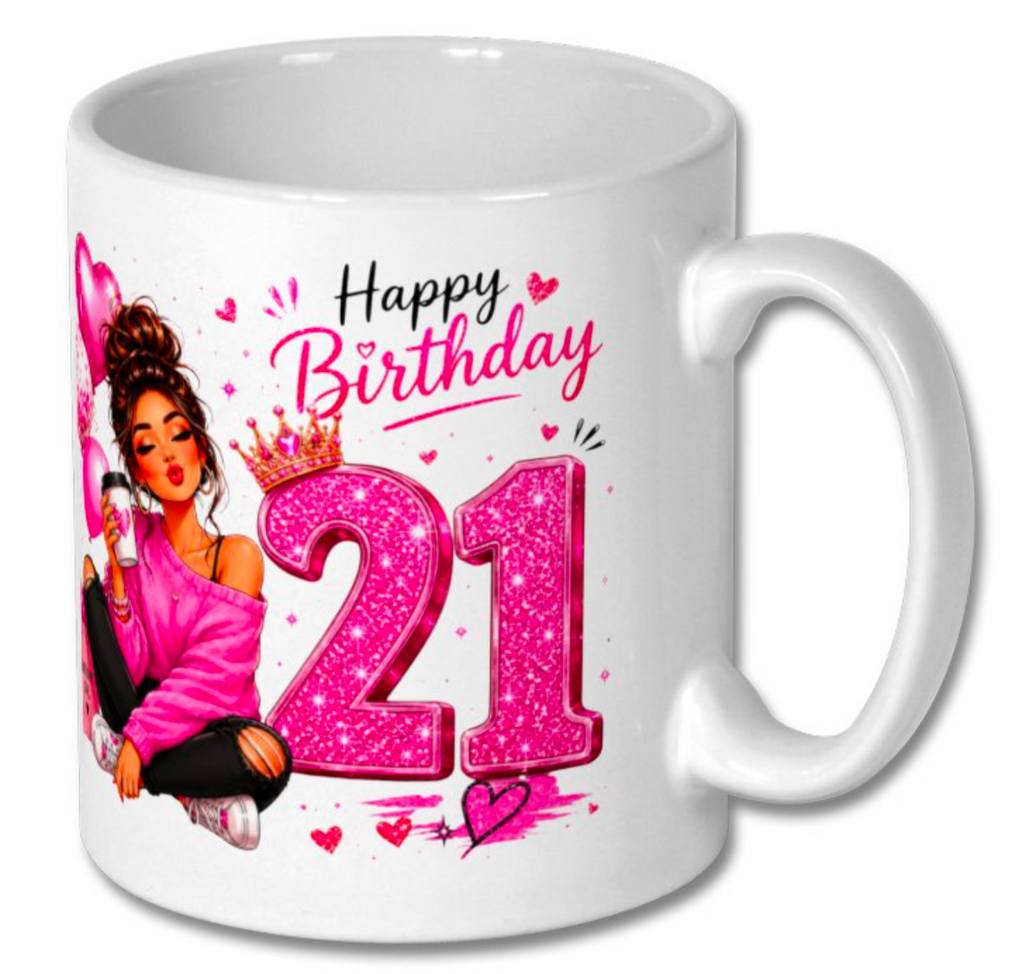 Happy 18th or 21st Birthday Glitter Pink Mug – Cute Girly Birthday Coffee Cup Gift for Her - Truly Yours
