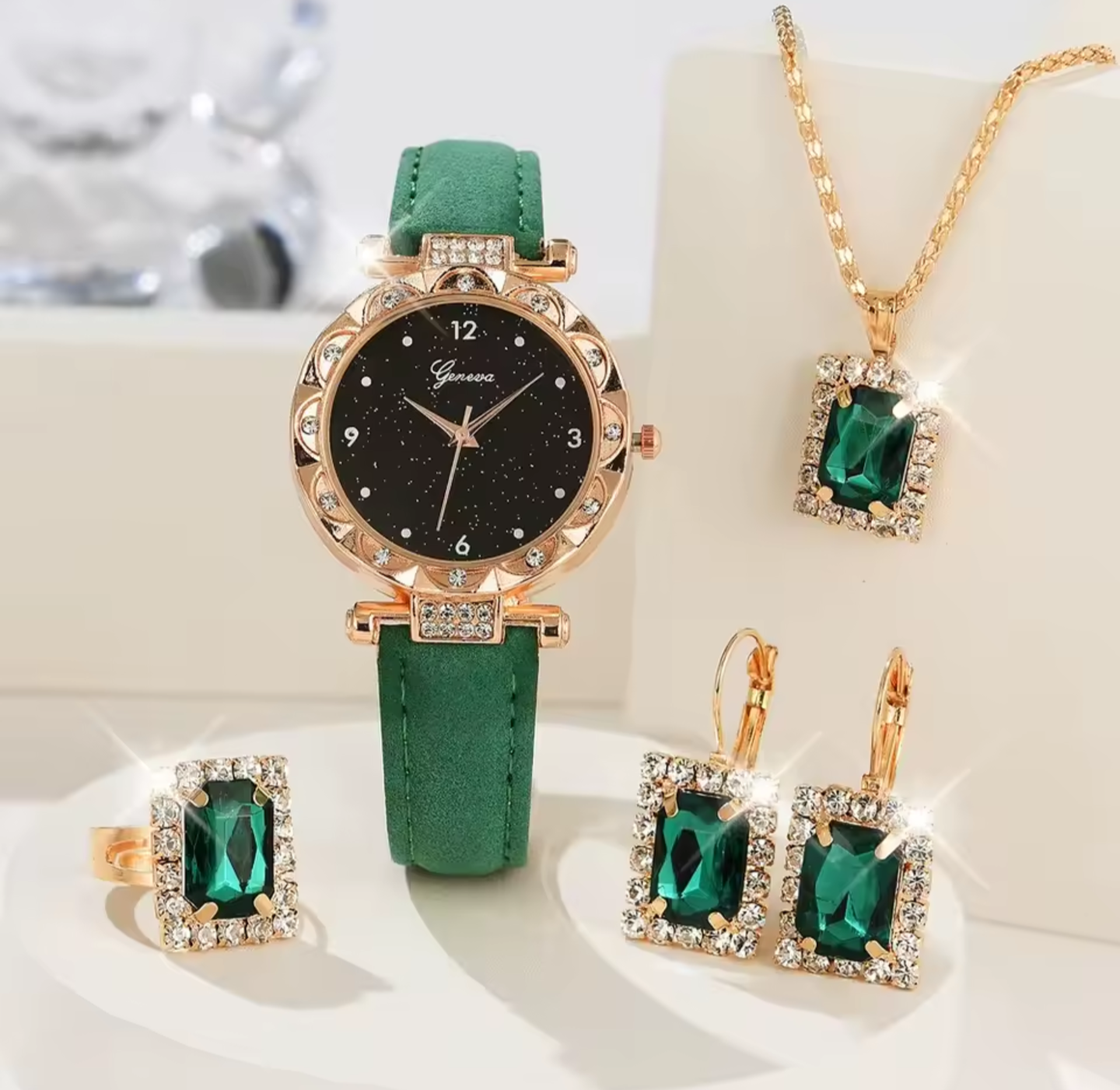 Luxury Emerald Green 5 Piece Fashion Watch & Jewellery Set