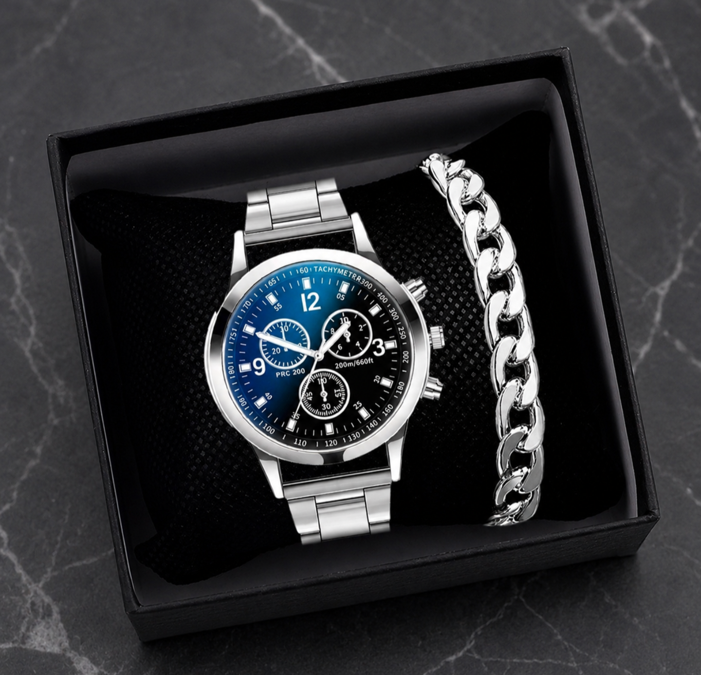 Silver Men’s Watch & Bracelet Gift Set