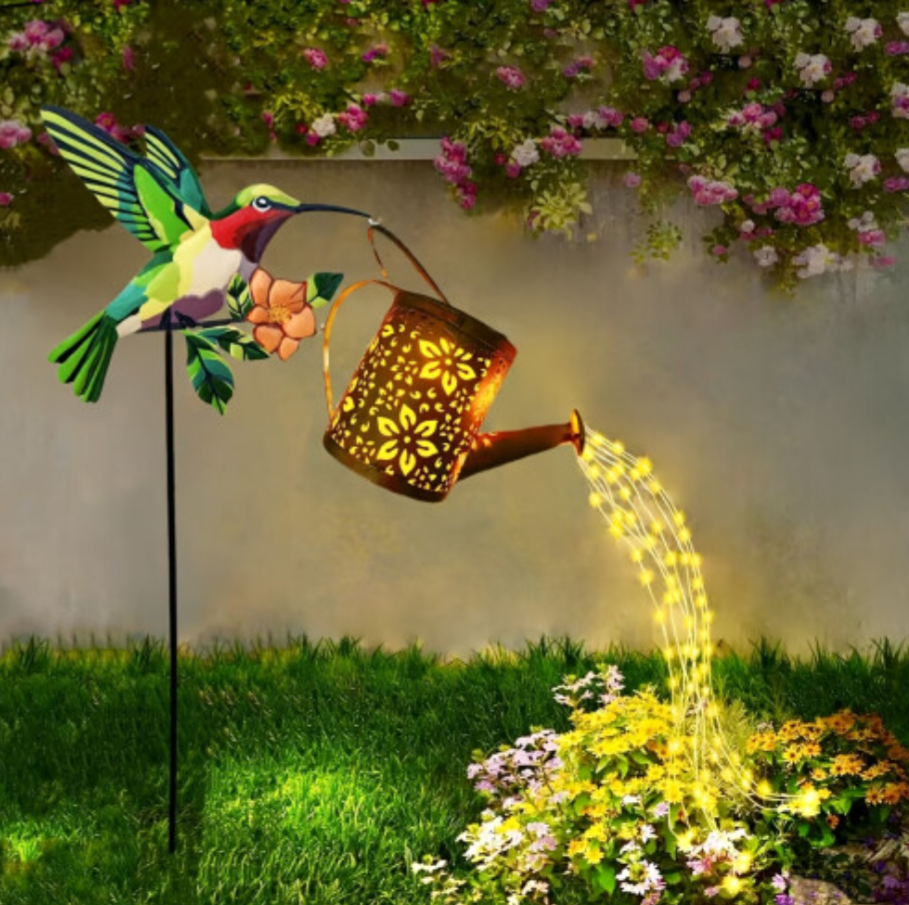 Solar Hummingbird Garden Light – LED Flowing Watering Can Stake Lamp with Warm White Fairy Lights Outdoor