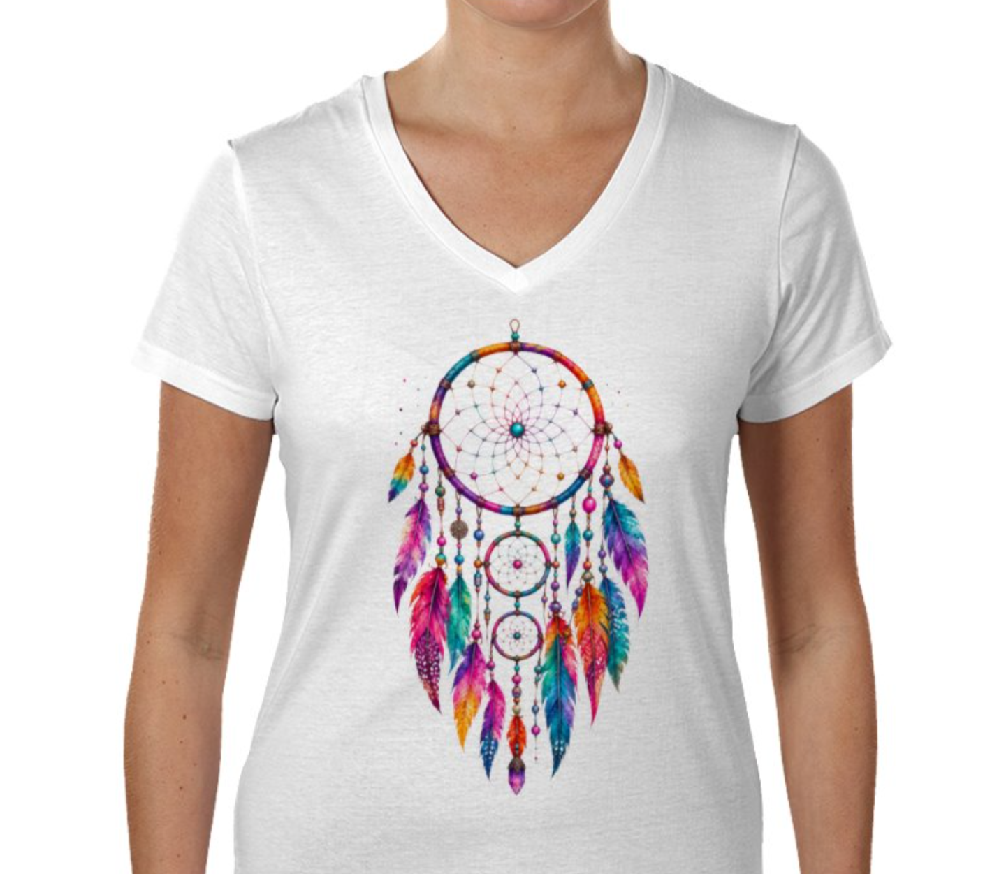 Women’s Colourful Dreamcatcher Graphic V-Neck T-Shirt – Boho Feather Print Casual Summer Tee