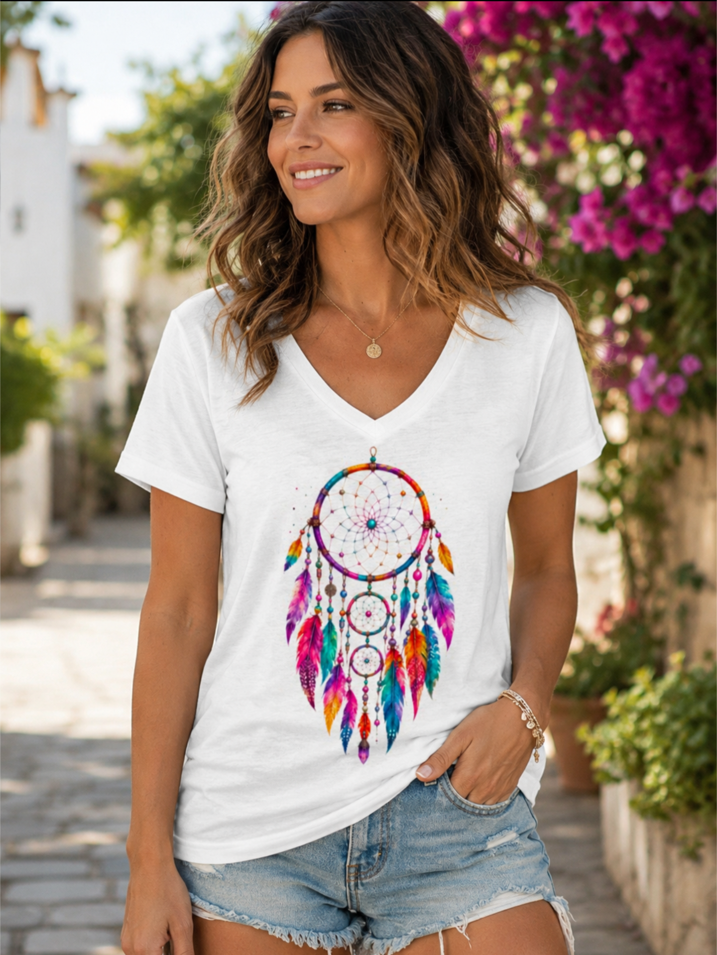Women’s Colourful Dreamcatcher Graphic V-Neck T-Shirt – Boho Feather Print Casual Summer Tee