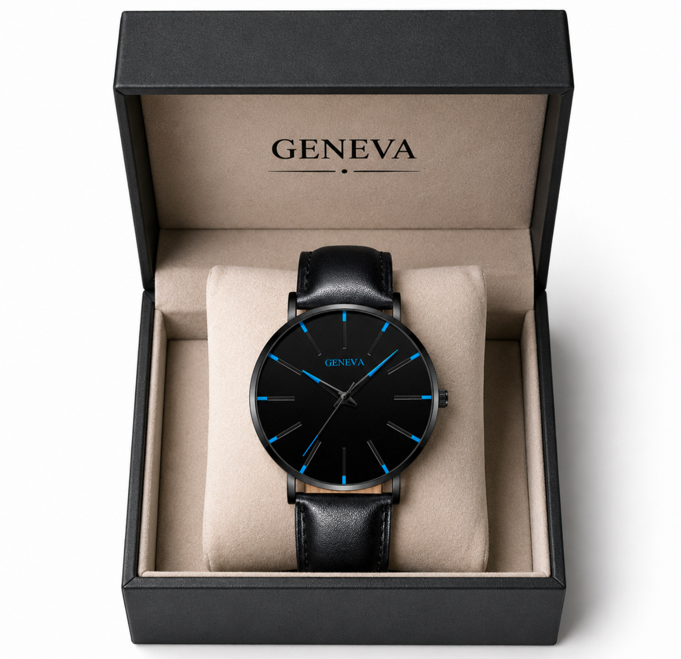 Black watch with blue accents in a 'GENEVA' branded box on a white background