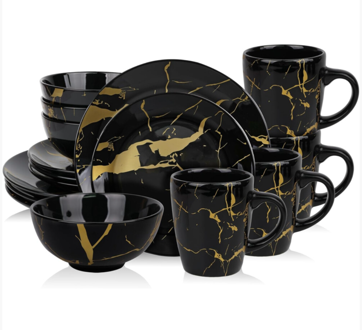 Alivio 16-Piece Premium Porcelain Dinnerware Set Black-Gold Marble Design