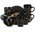 Alivio 16-Piece Premium Porcelain Dinnerware Set Black-Gold Marble Design