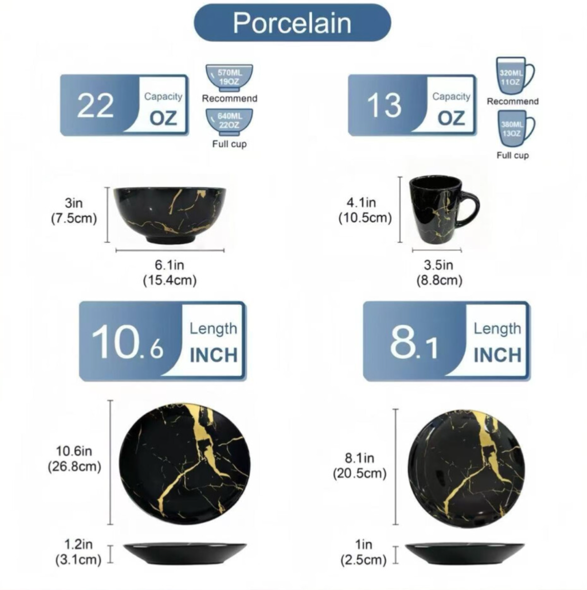 Alivio 16-Piece Premium Porcelain Dinnerware Set Black-Gold Marble Design