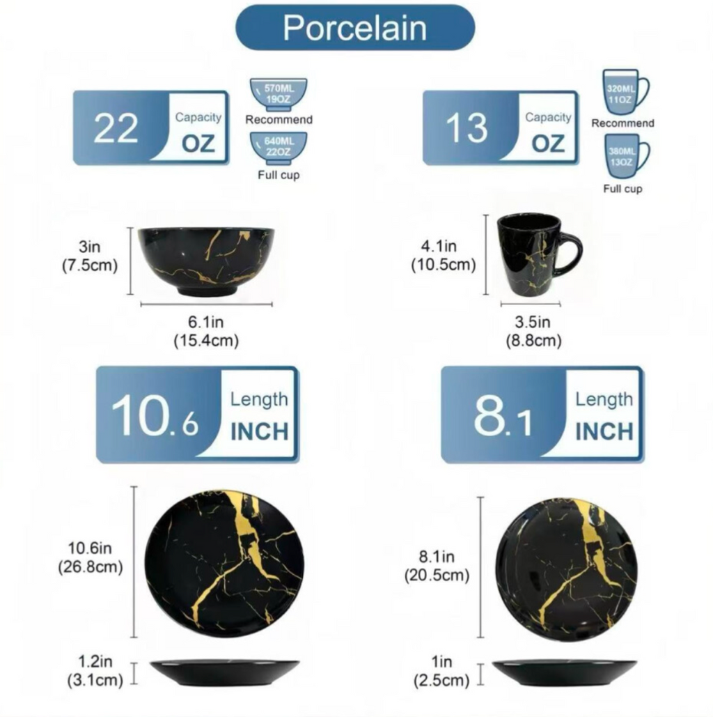 Alivio 16-Piece Premium Porcelain Dinnerware Set Black-Gold Marble Design
