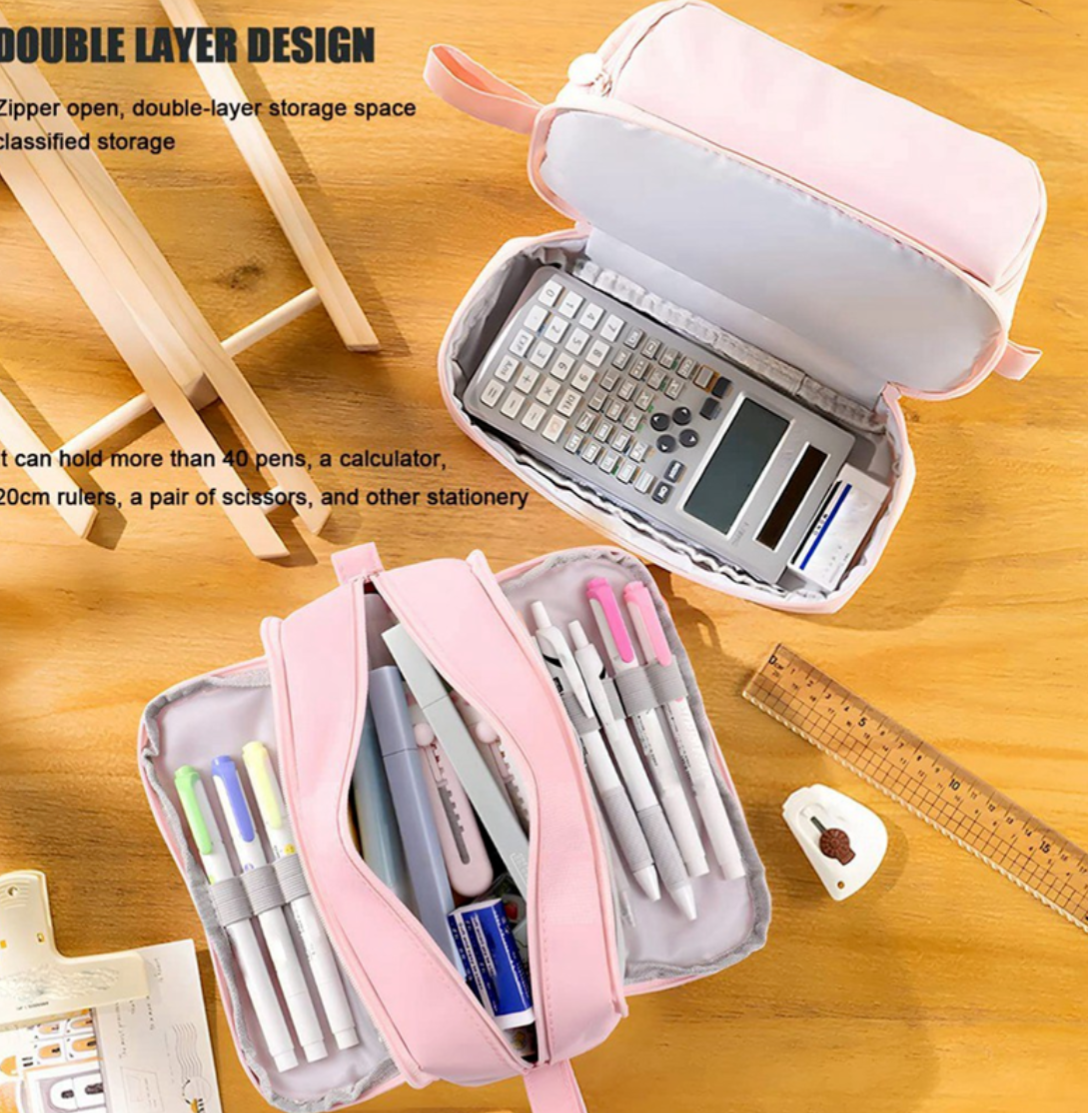 Pink Large Capacity Pencil Case – Multi-Compartment Canvas Pen & Stationery Organiser