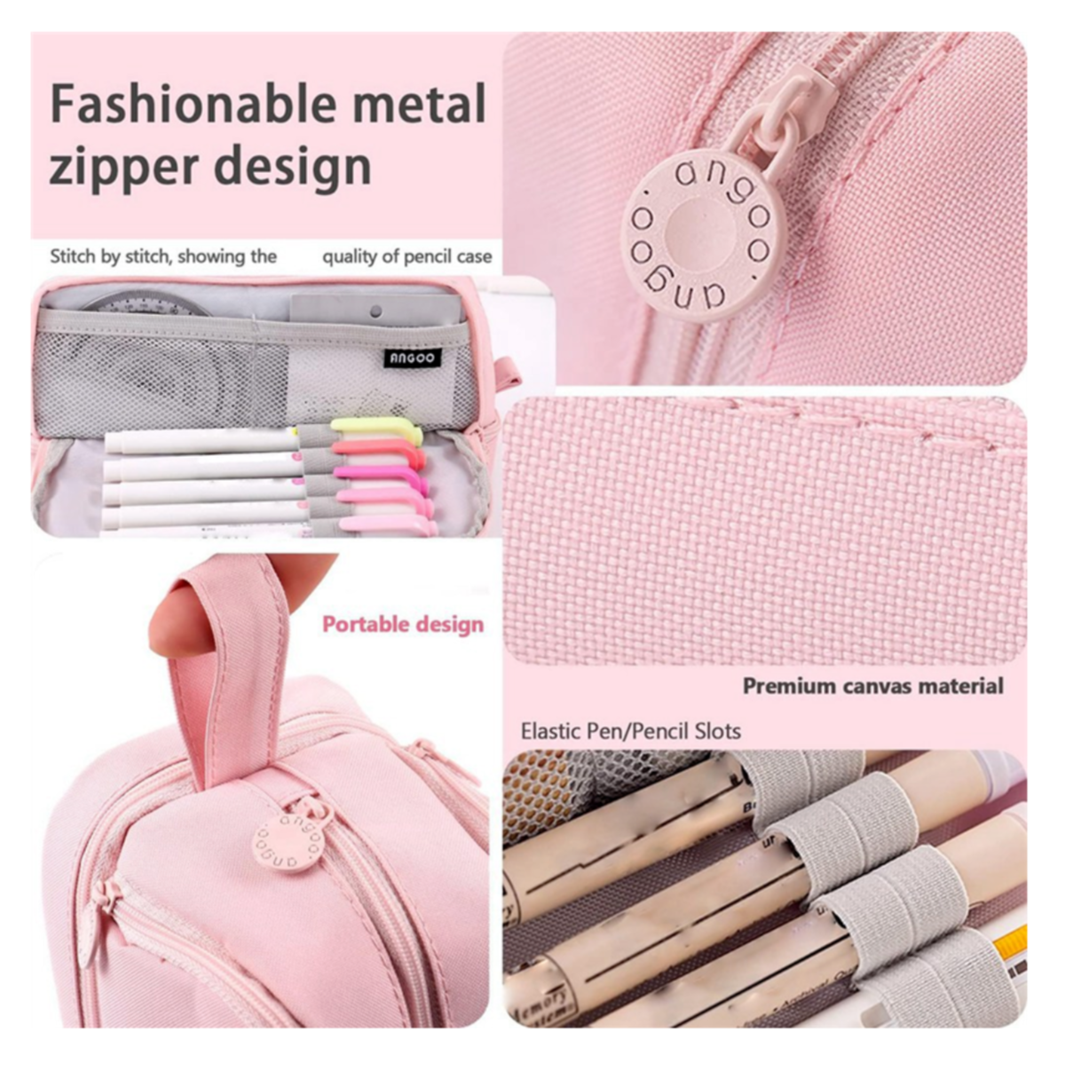 Pink Large Capacity Pencil Case – Multi-Compartment Canvas Pen & Stationery Organiser