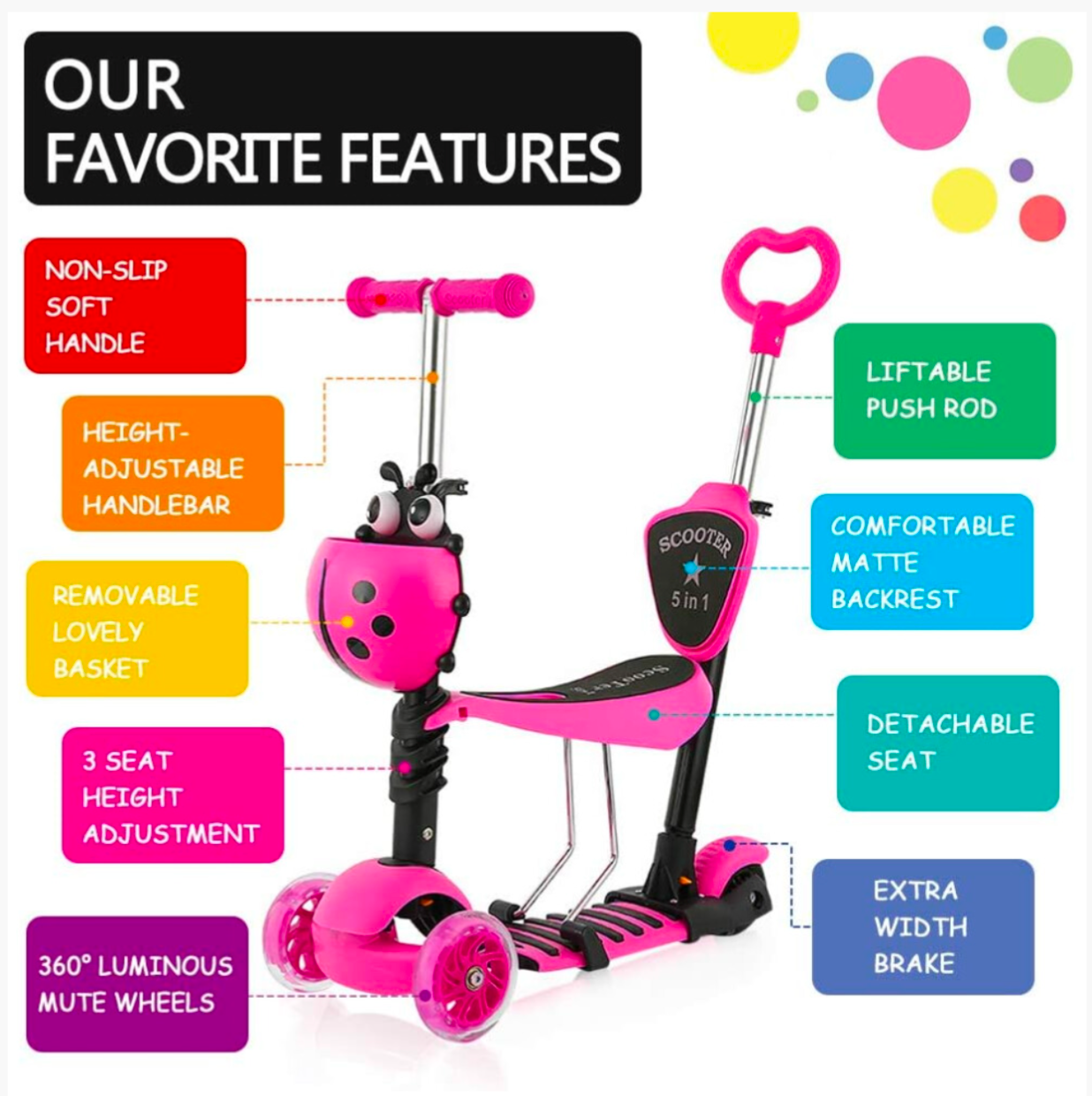 5-in-1 Kids Scooter-3 Wheels with Removable Seat