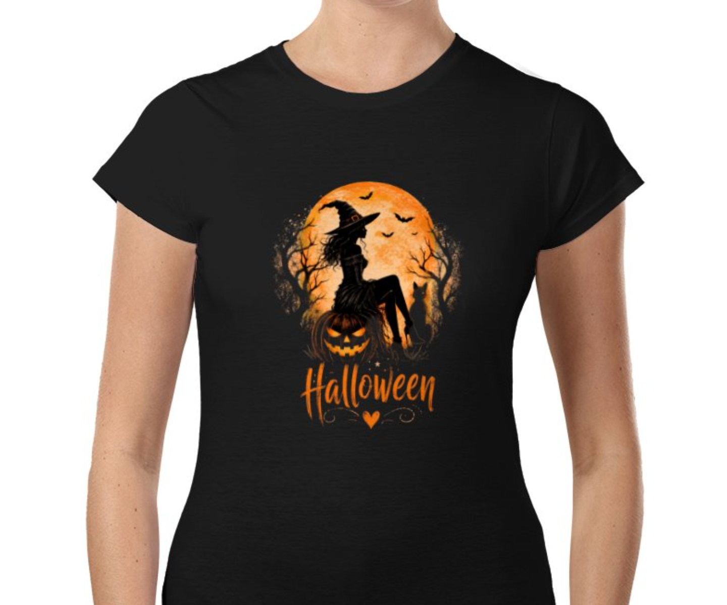 Halloween Witch & Pumpkin Graphic Ladies T-Shirt
