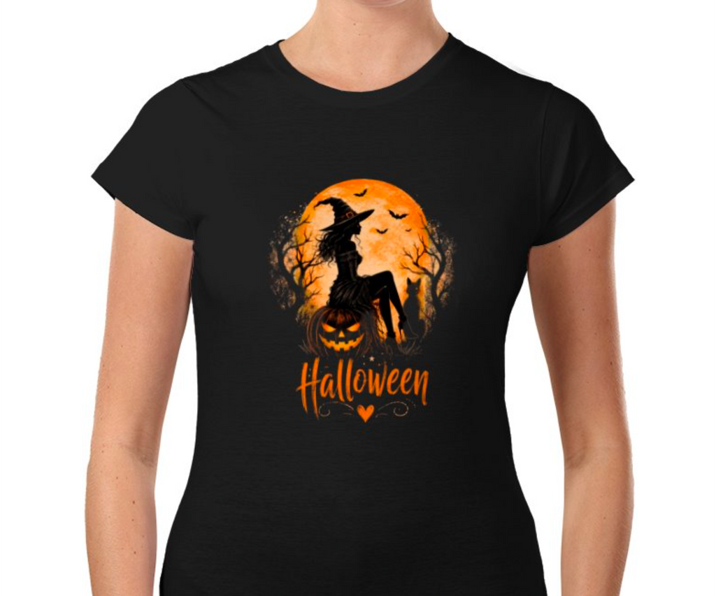 Halloween Witch & Pumpkin Graphic Ladies T-Shirt