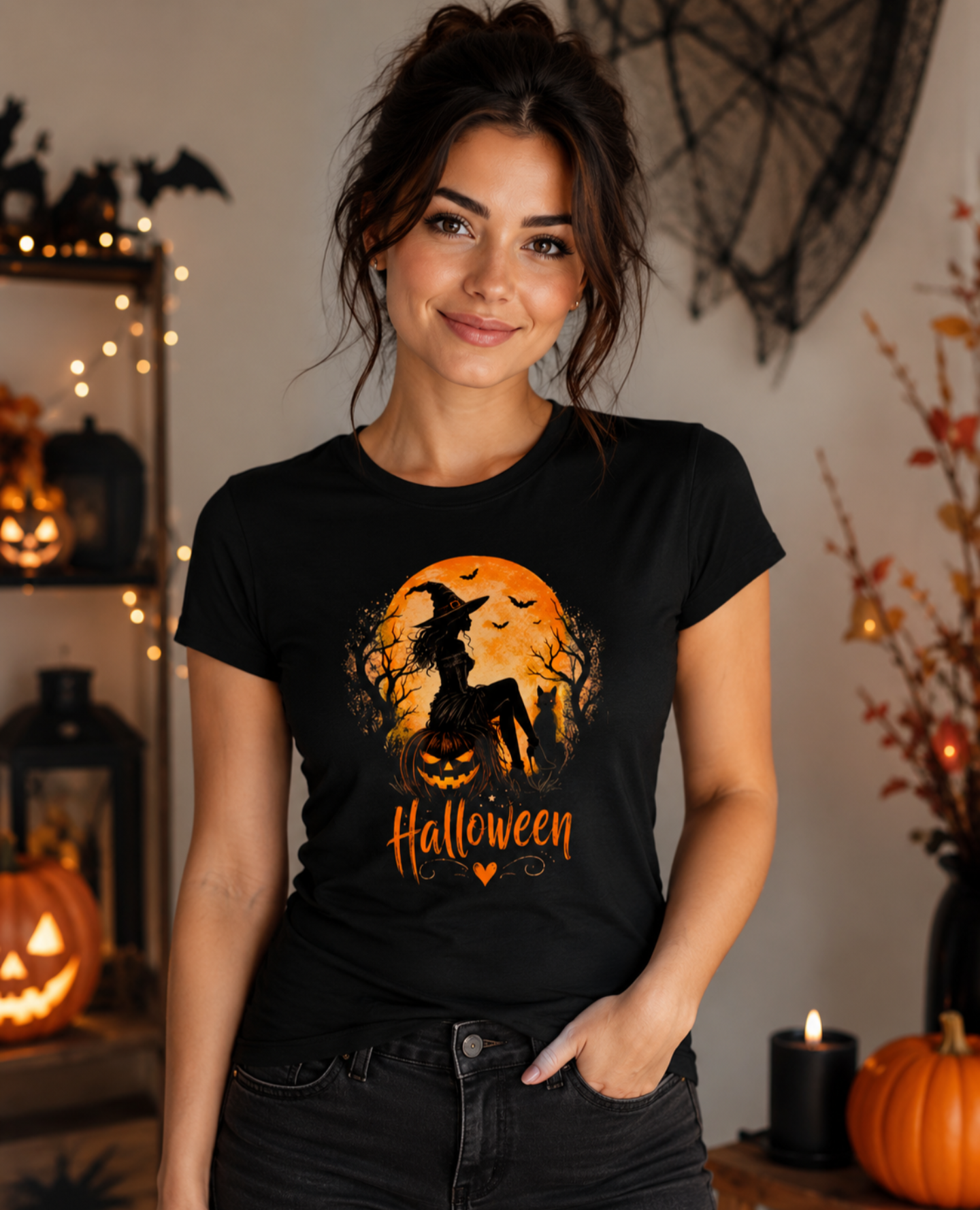 Halloween Witch & Pumpkin Graphic Ladies T-Shirt