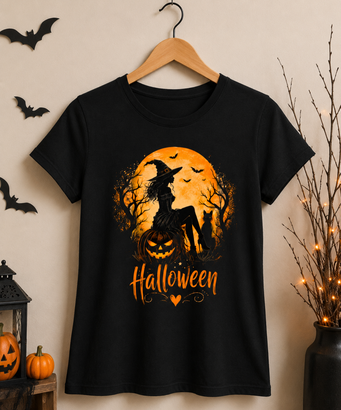 Halloween Witch & Pumpkin Graphic Ladies T-Shirt