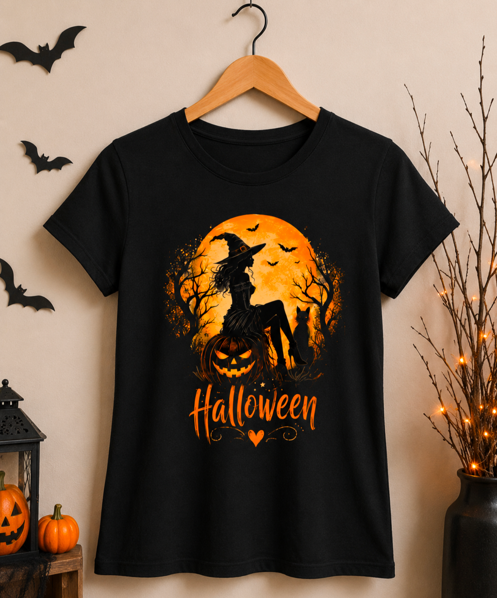 Halloween Witch & Pumpkin Graphic Ladies T-Shirt