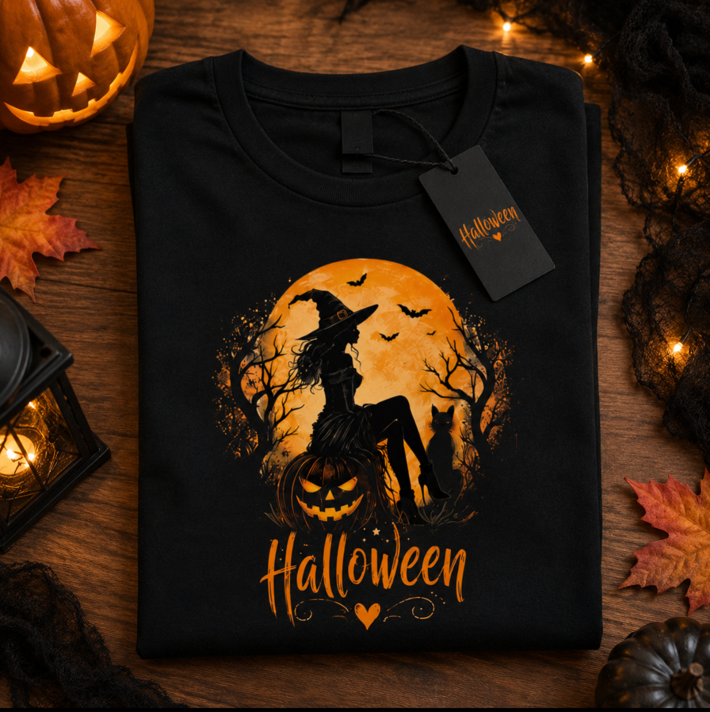 Halloween Witch & Pumpkin Graphic Ladies T-Shirt