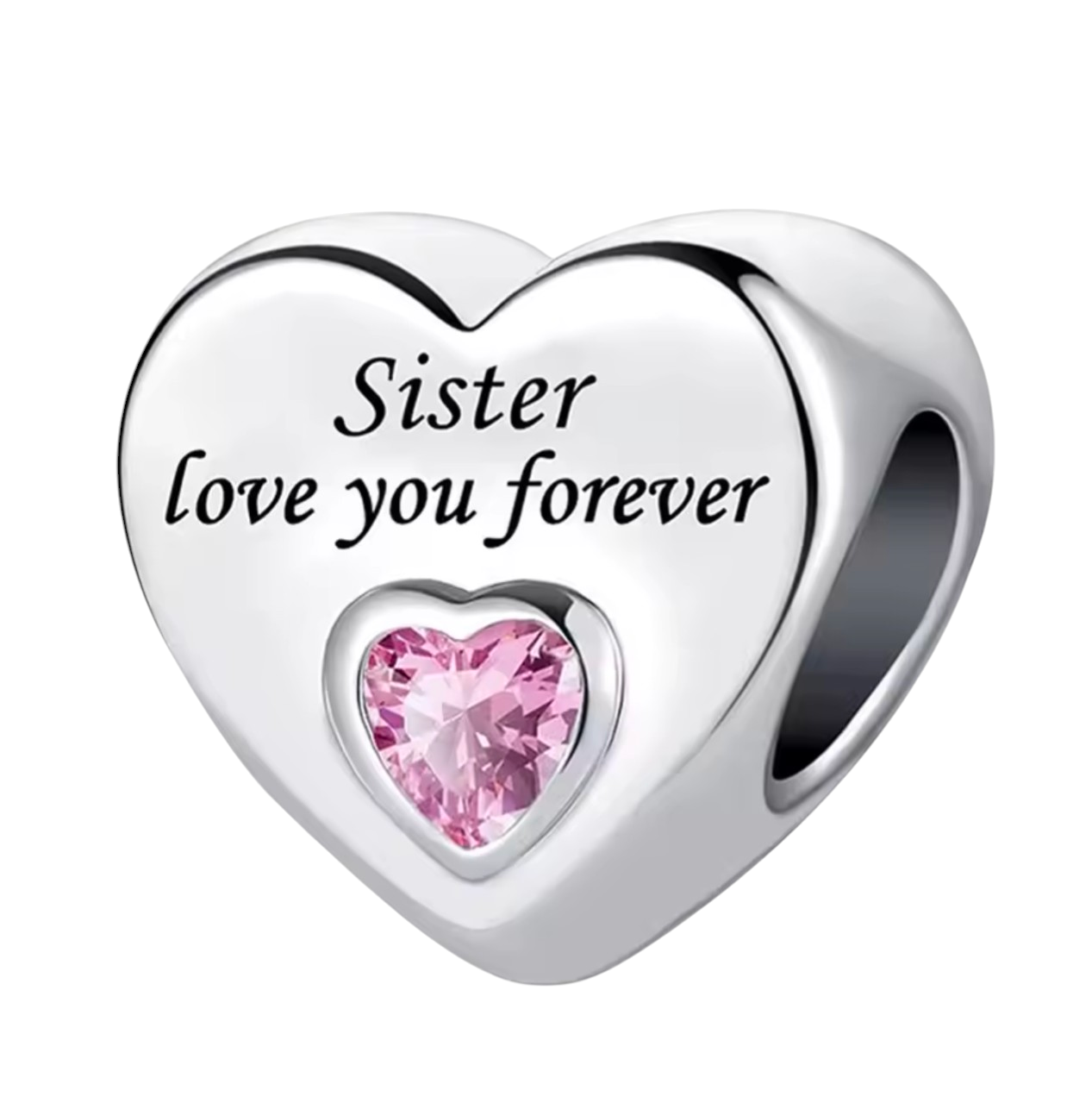 925 Sterling Silver Sister or Auntie Love You Forever Heart Charm Bead with Pink Crystal