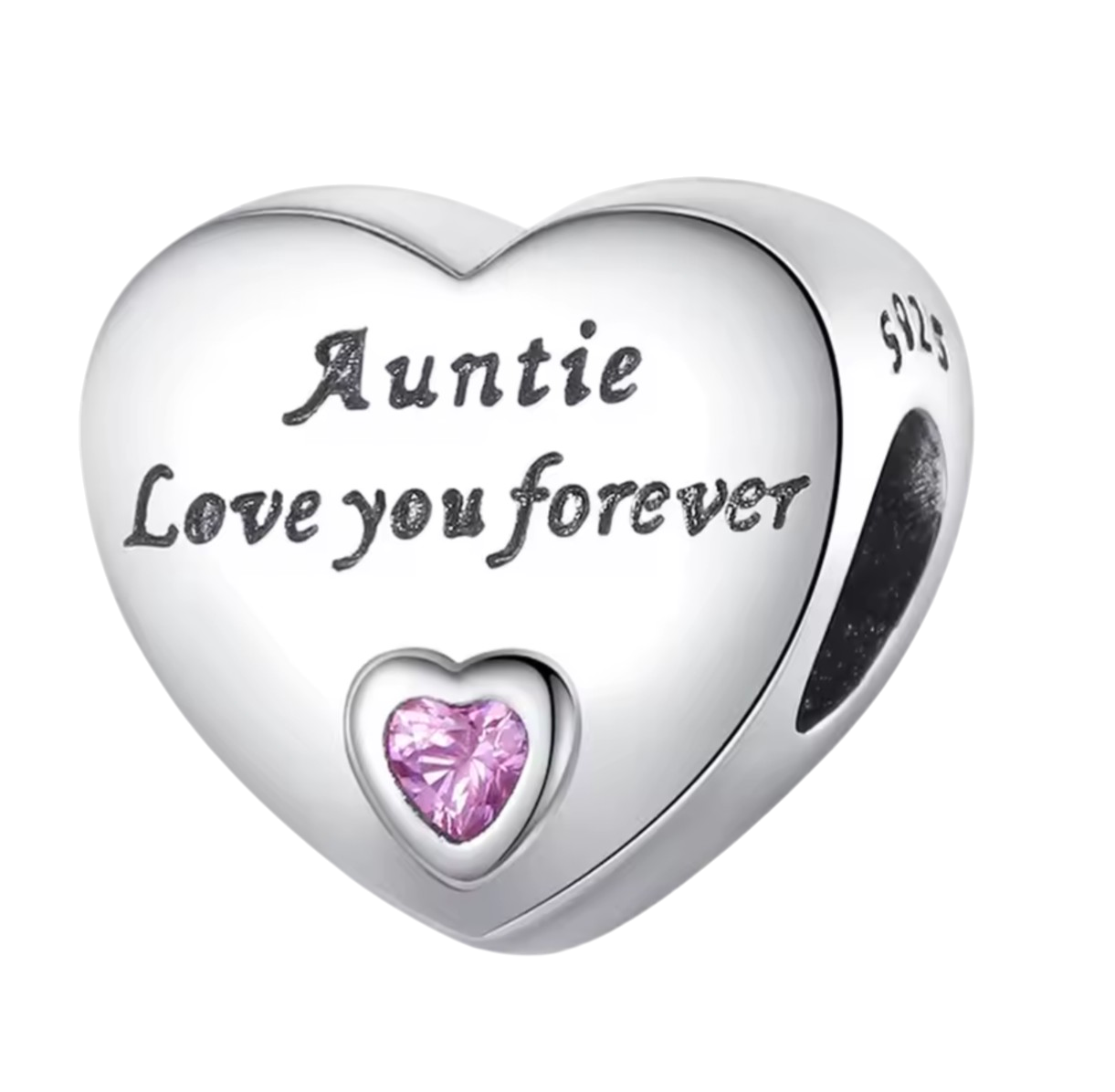 925 Sterling Silver Sister or Auntie Love You Forever Heart Charm Bead with Pink Crystal