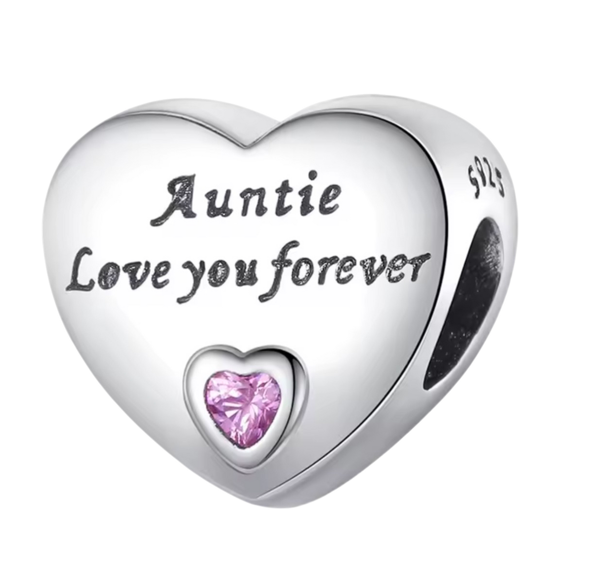 925 Sterling Silver Sister or Auntie Love You Forever Heart Charm Bead with Pink Crystal