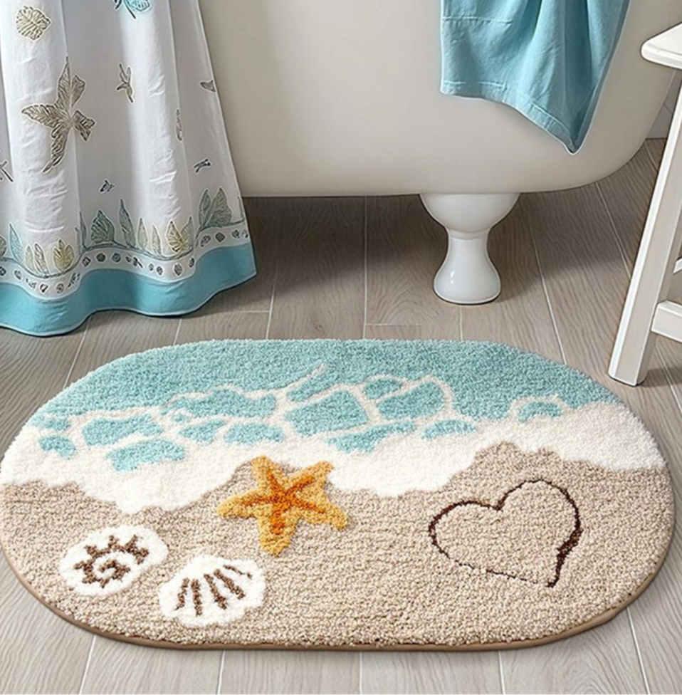 Coastal Beach Bath Mat – Soft Non-Slip Seashell & Starfish Bathroom Rug (16 x 24 Inch)