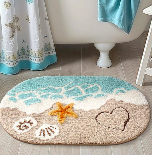 Coastal Beach Bath Mat – Soft Non-Slip Seashell & Starfish Bathroom Rug (16 x 24 Inch)