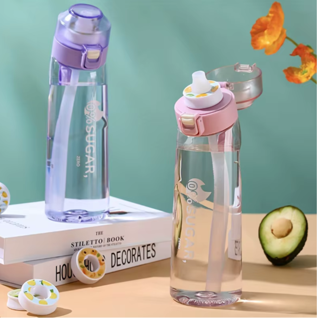 650Ml Air Water Bottle with 7 Fruit Pods Included Flavoured Water Bottle (Pink)