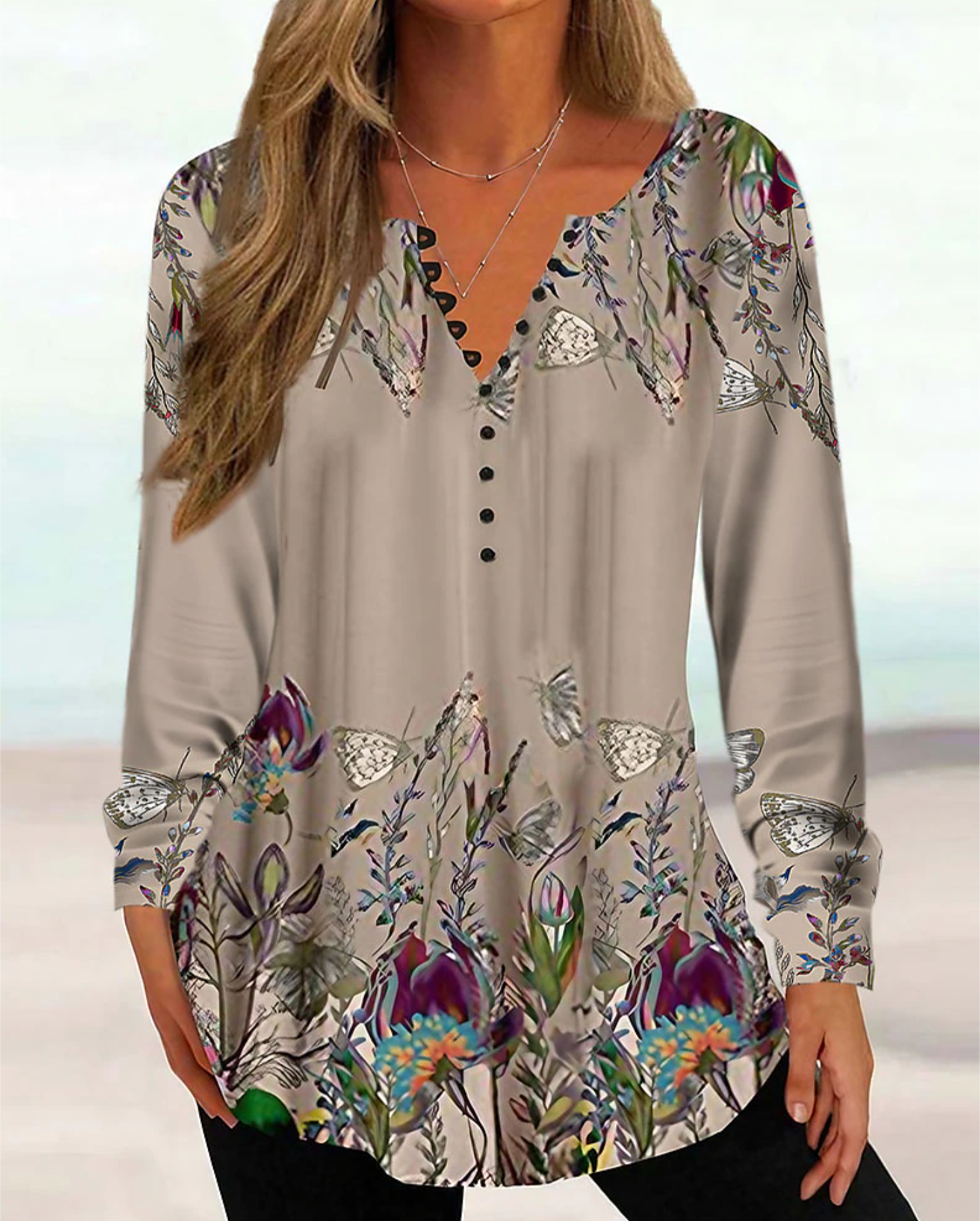 Women's Elegant Floral & Butterfly Print Long Sleeve Tunic Blouse