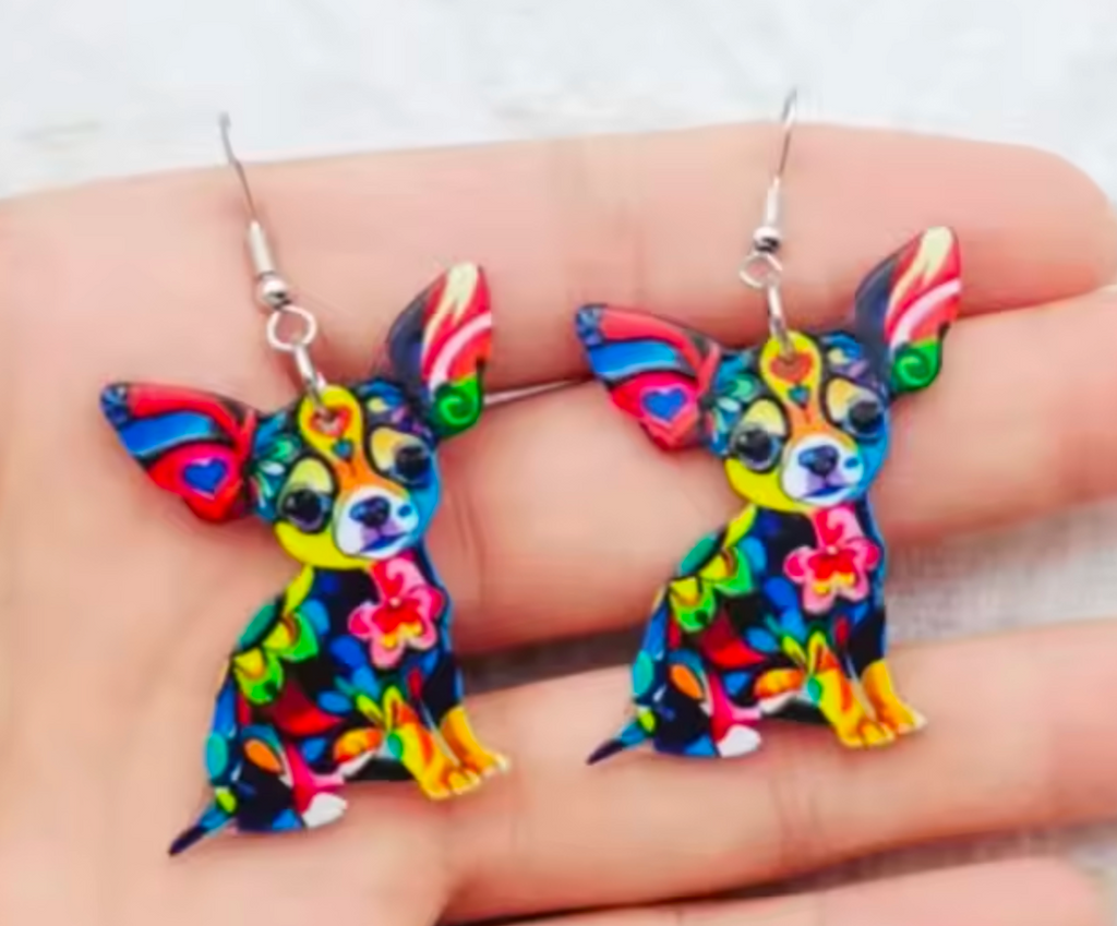 Colourful Chihuahua Dog Drop Earrings – Vibrant Acrylic Statement Earrings for Dog Lovers