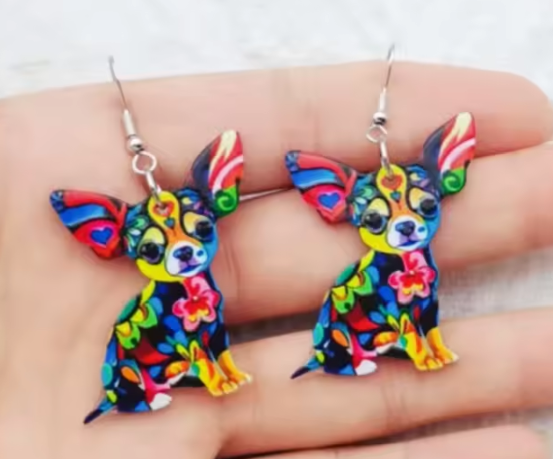 Colourful Chihuahua Dog Drop Earrings – Vibrant Acrylic Statement Earrings for Dog Lovers