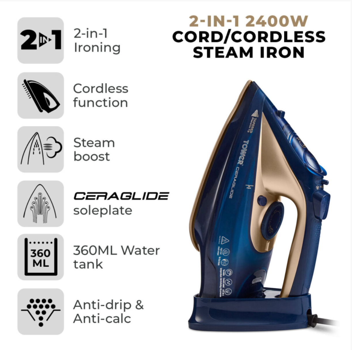 Tower T22008BLG CeraGlide 2400W Cord Steam Iron Blue and Gold
