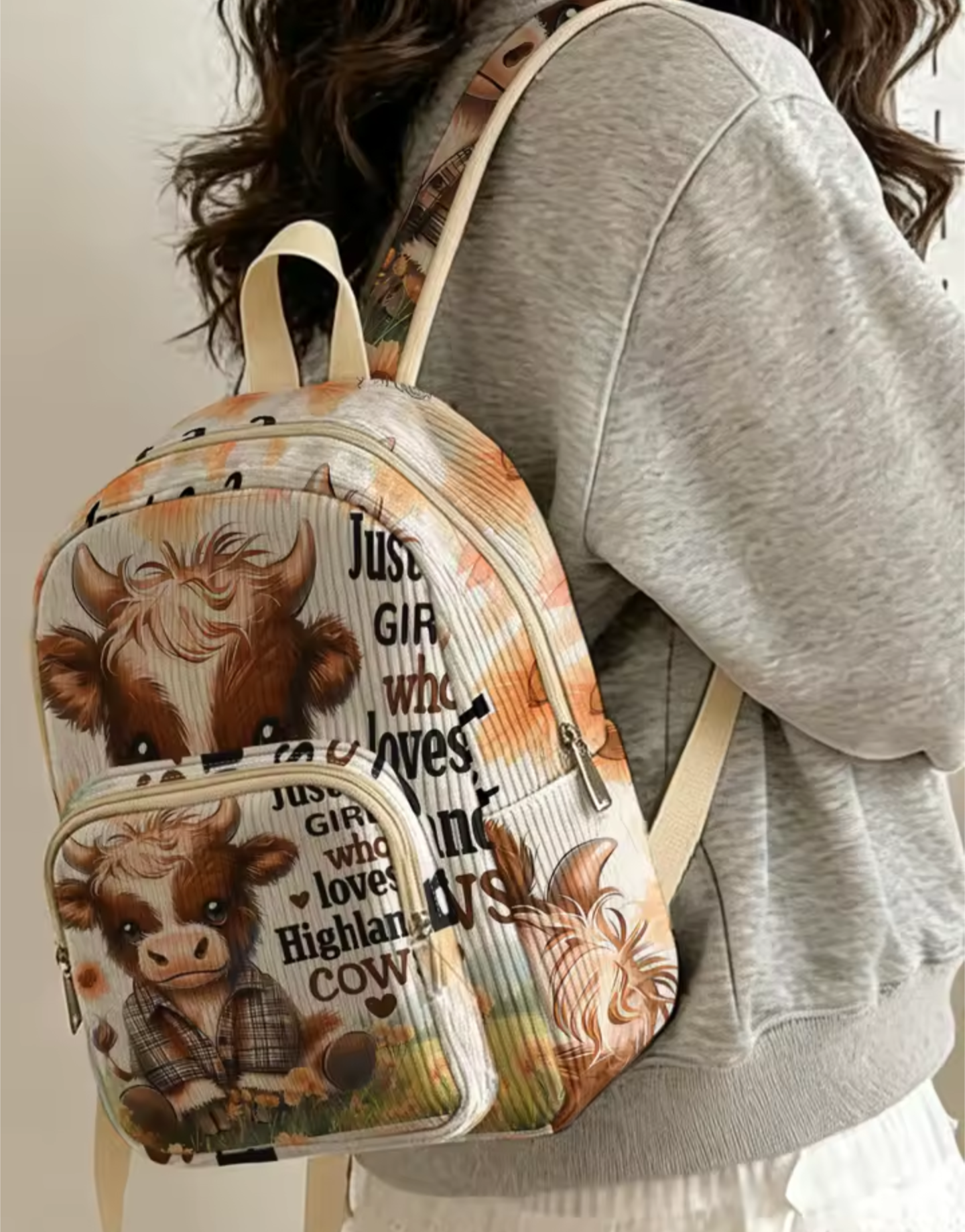 Highland Cow Backpack – Cute Corduroy Travel, School & Everyday Rucksack