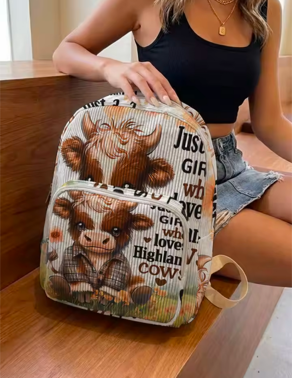 Highland Cow Backpack – Cute Corduroy Travel, School & Everyday Rucksack