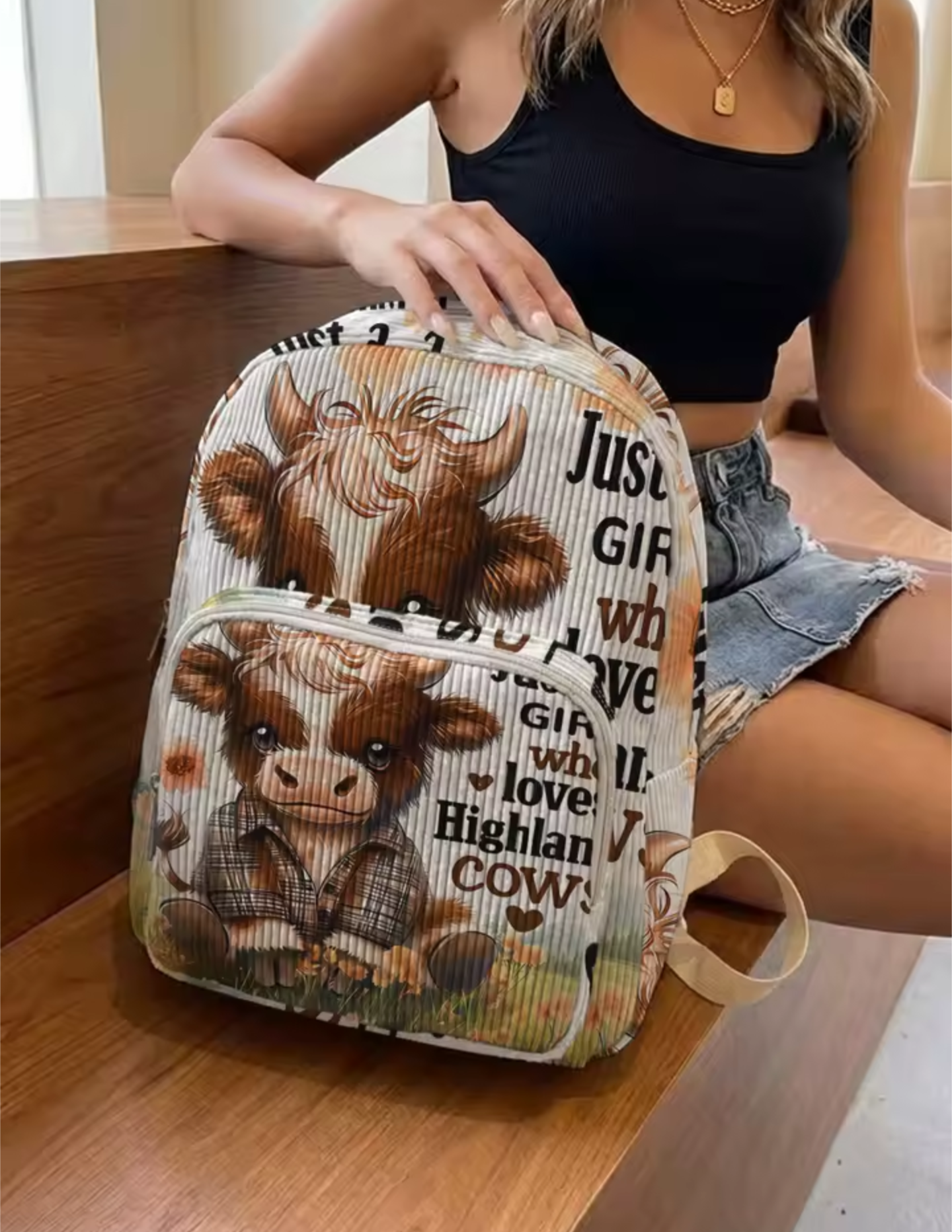 Highland Cow Backpack – Cute Corduroy Travel, School & Everyday Rucksack