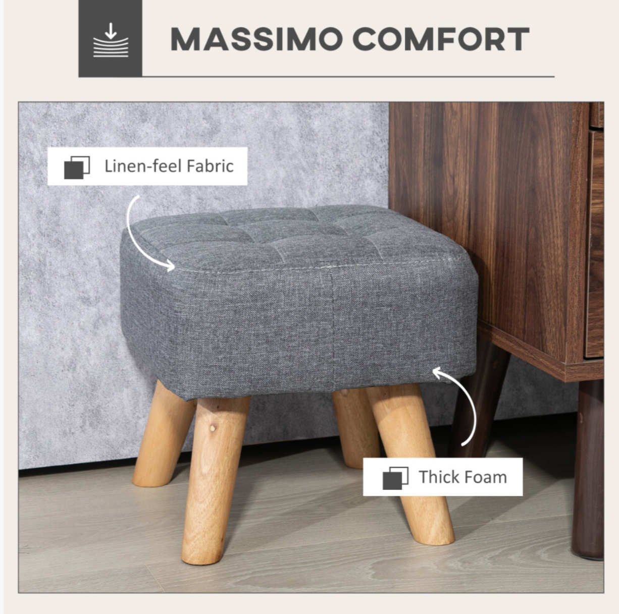 HOMCOM Modern Footstool, Fabric Foot Rest with Rubber Wood Legs, Grey