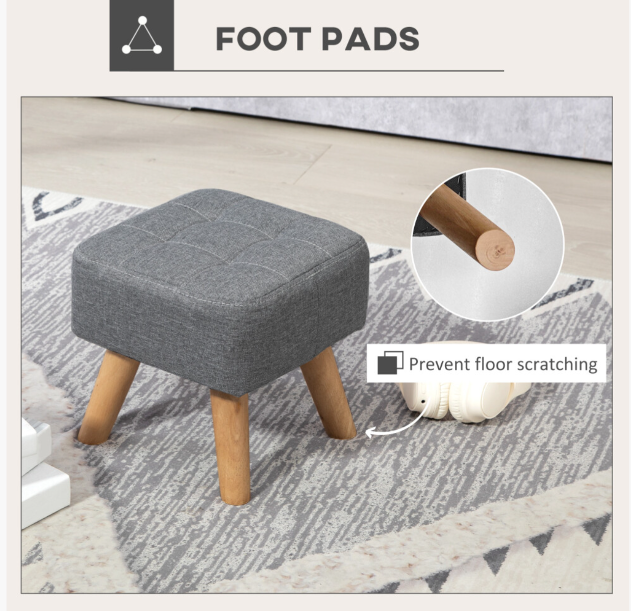HOMCOM Modern Footstool, Fabric Foot Rest with Rubber Wood Legs, Grey