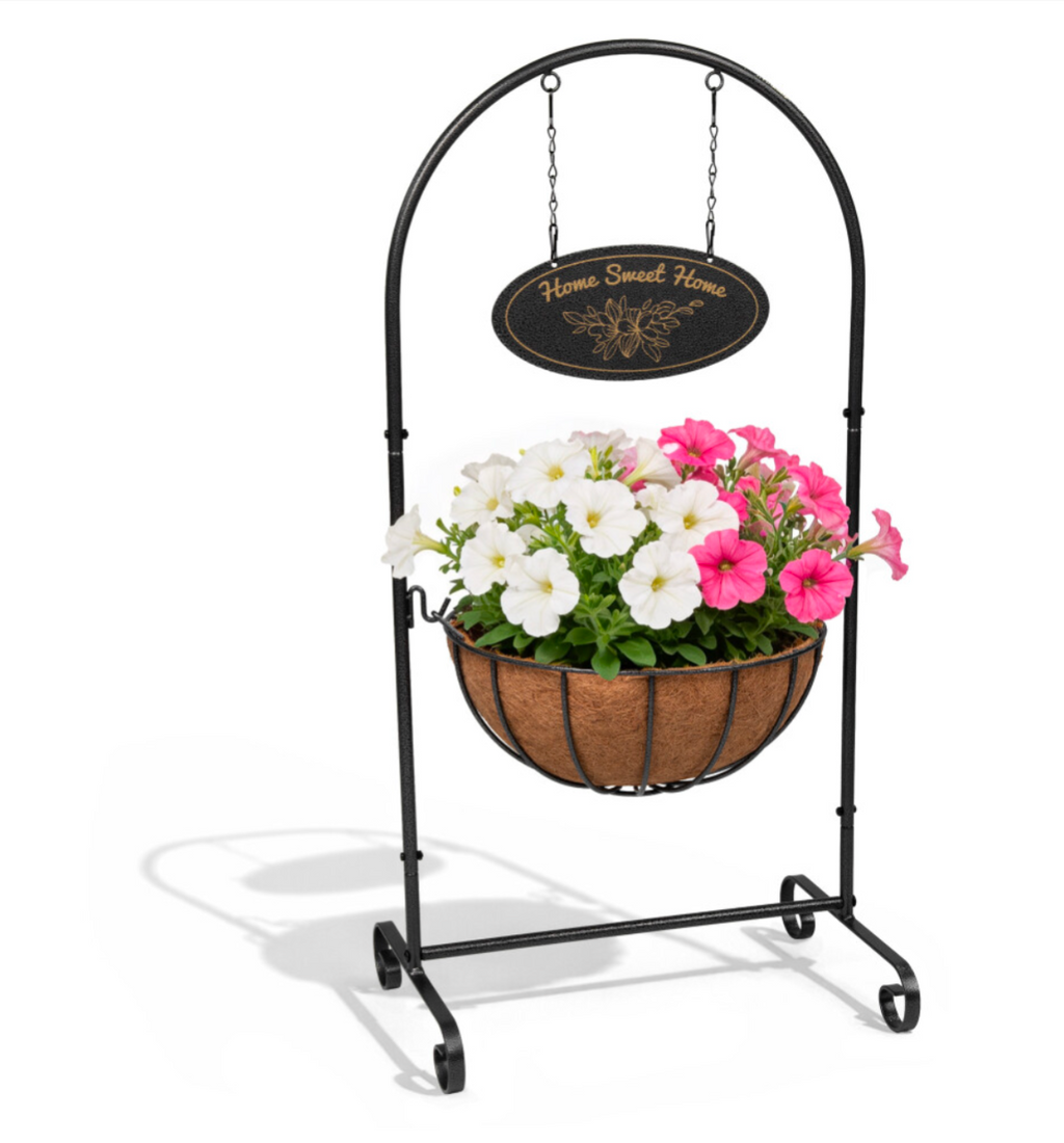 14" Welcome Hanging Flower Planter Stand with Metal Frame – Decorative Indoor & Outdoor Plant Holder, Pre-Lined Basket