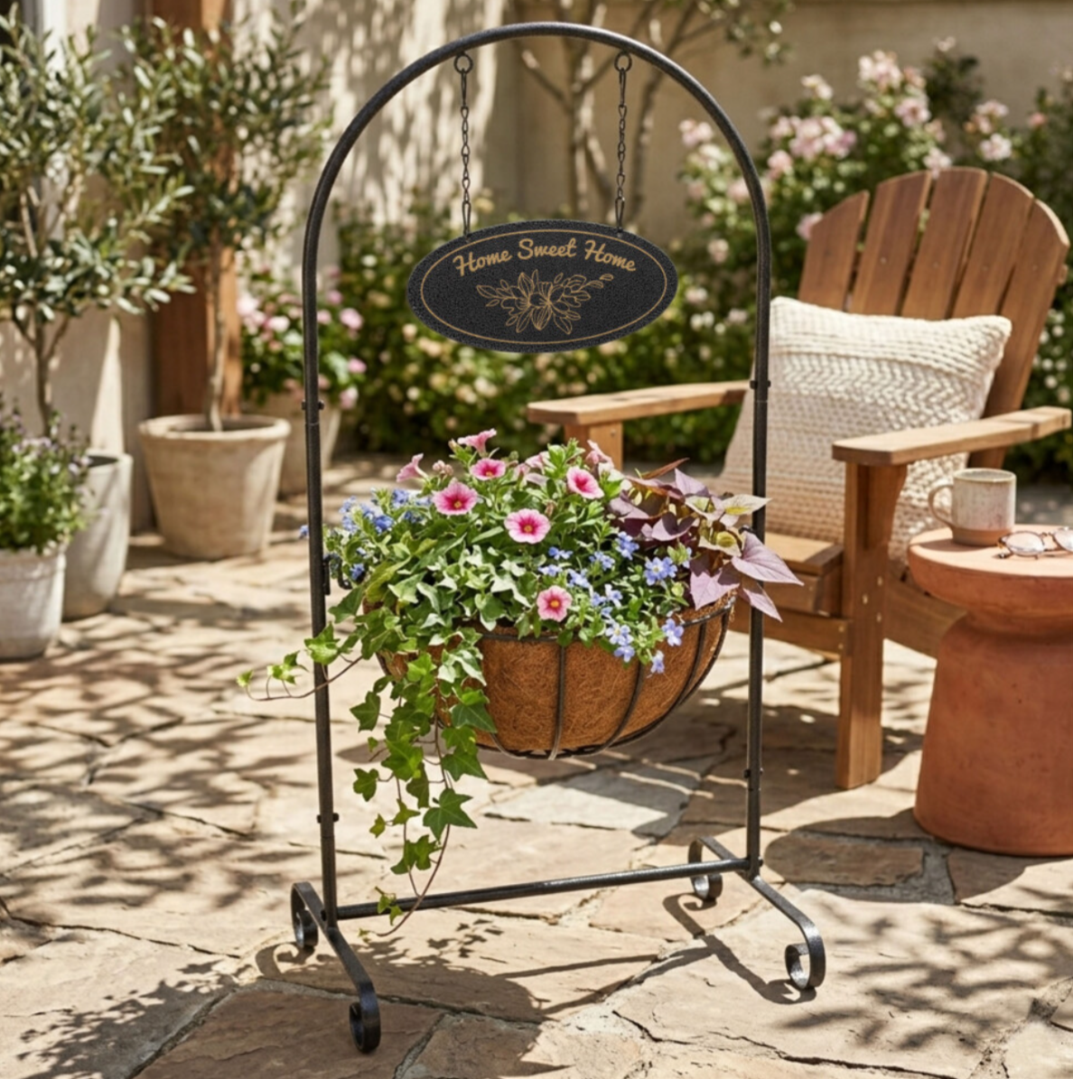 14" Welcome Hanging Flower Planter Stand with Metal Frame – Decorative Indoor & Outdoor Plant Holder, Pre-Lined Basket