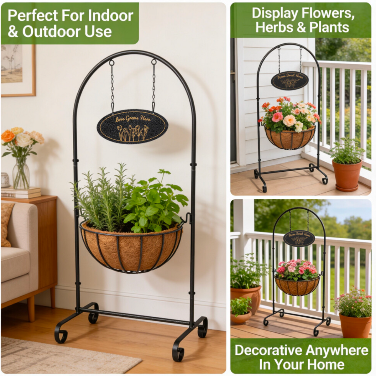 14" Welcome Hanging Flower Planter Stand with Metal Frame – Decorative Indoor & Outdoor Plant Holder, Pre-Lined Basket