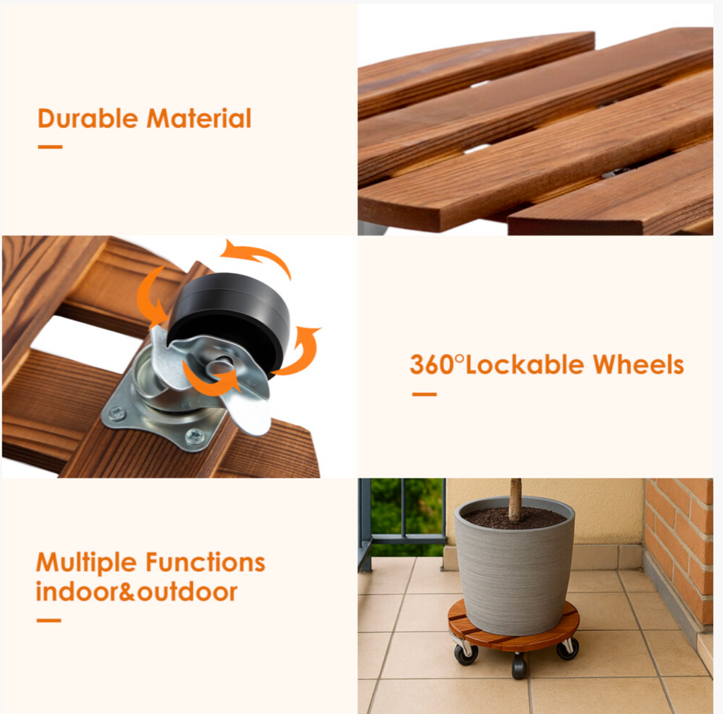 2 Pack 30cm Wooden Plant Caddies with Wheels