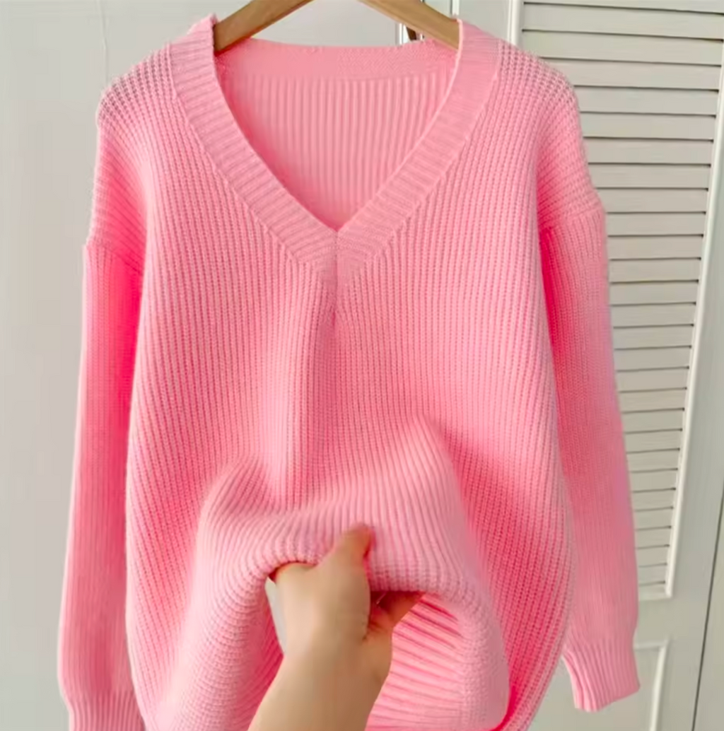 Women's Oversized Pink V-Neck Knit Jumper