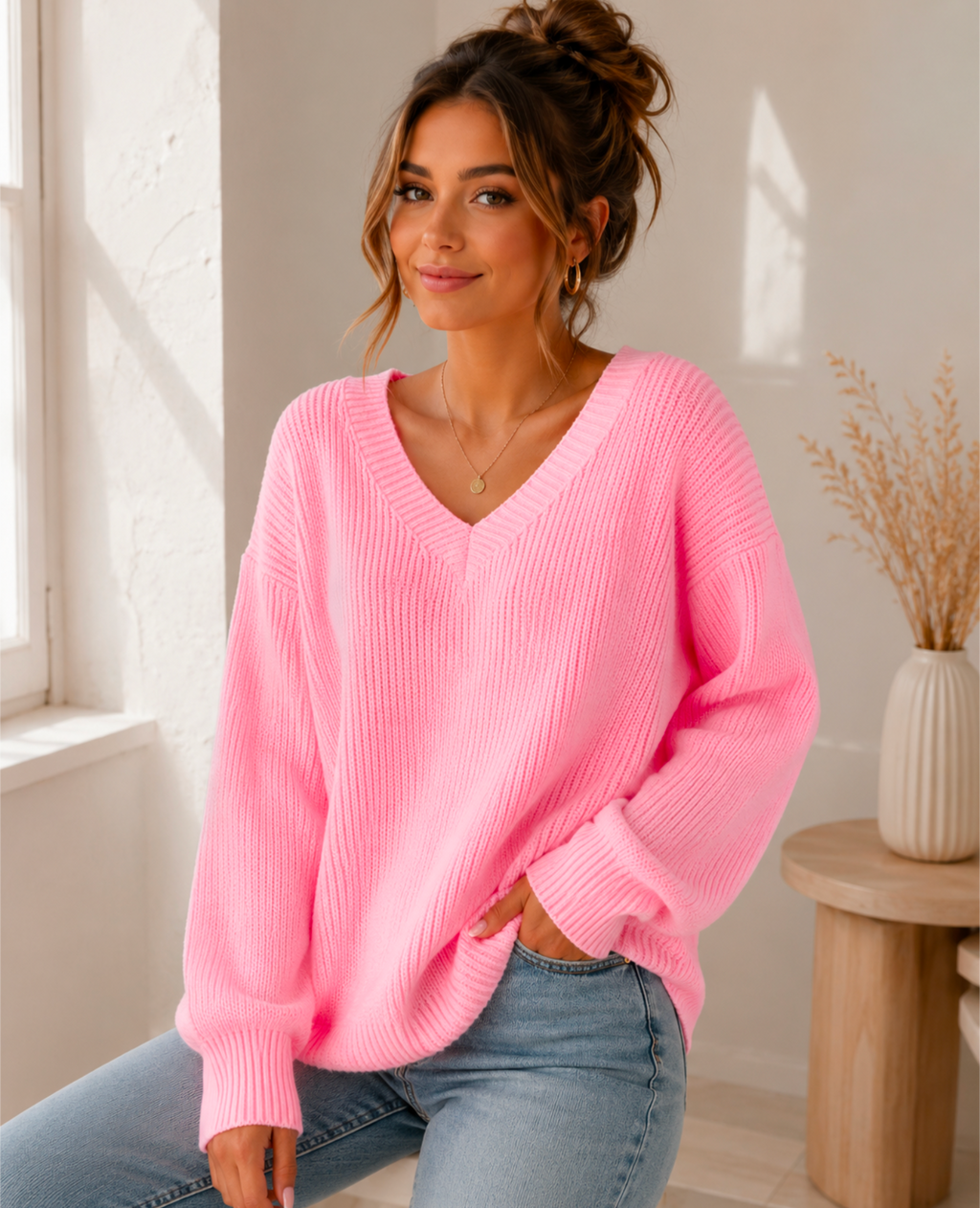 Women's Oversized Pink V-Neck Knit Jumper